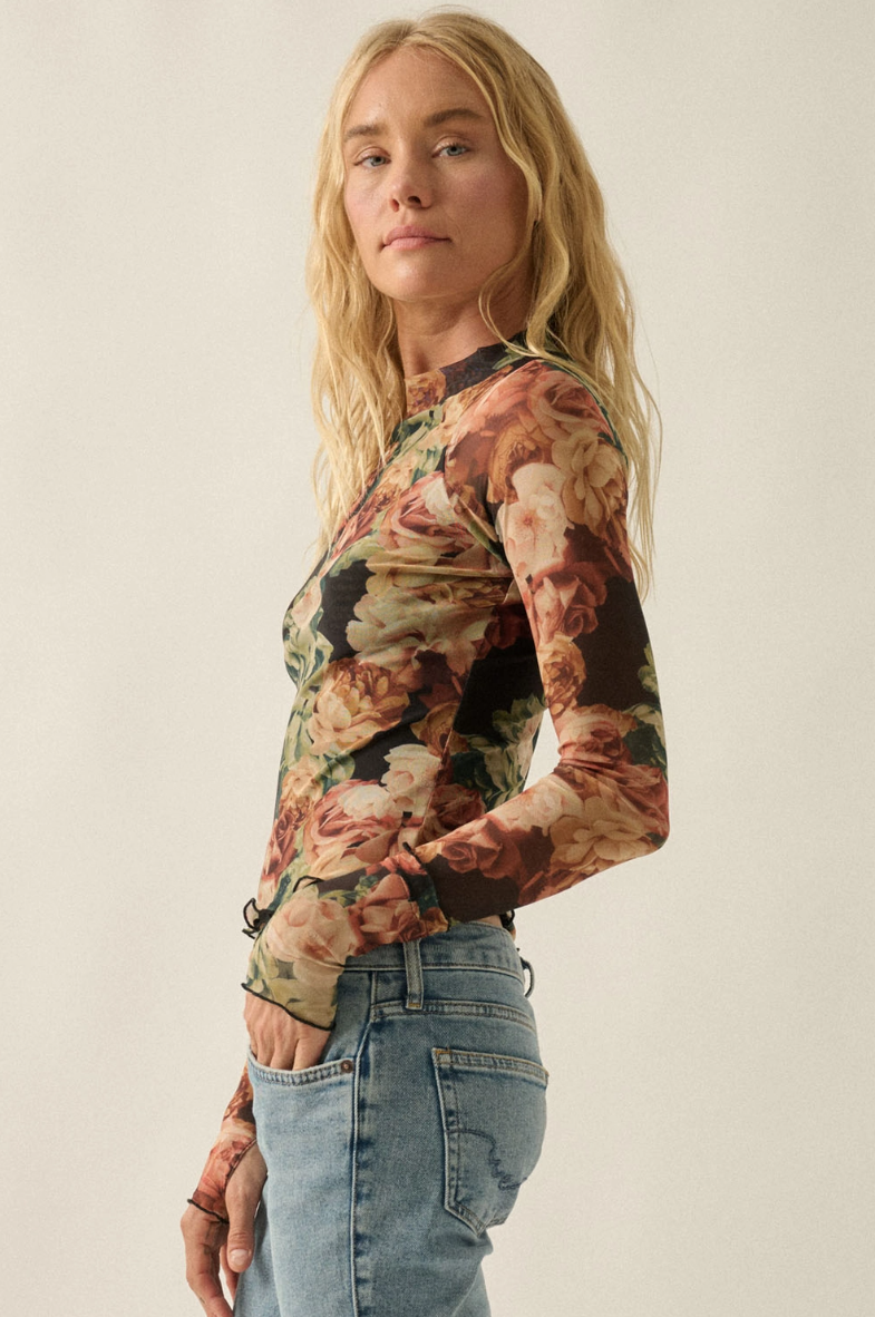 •AMORET• semi-sheer mesh floral top