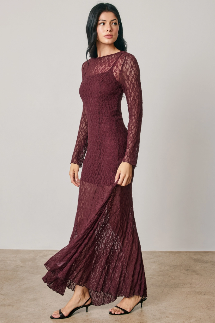 •FLORENCE - SANGRIA• long sleeve lace maxi dress