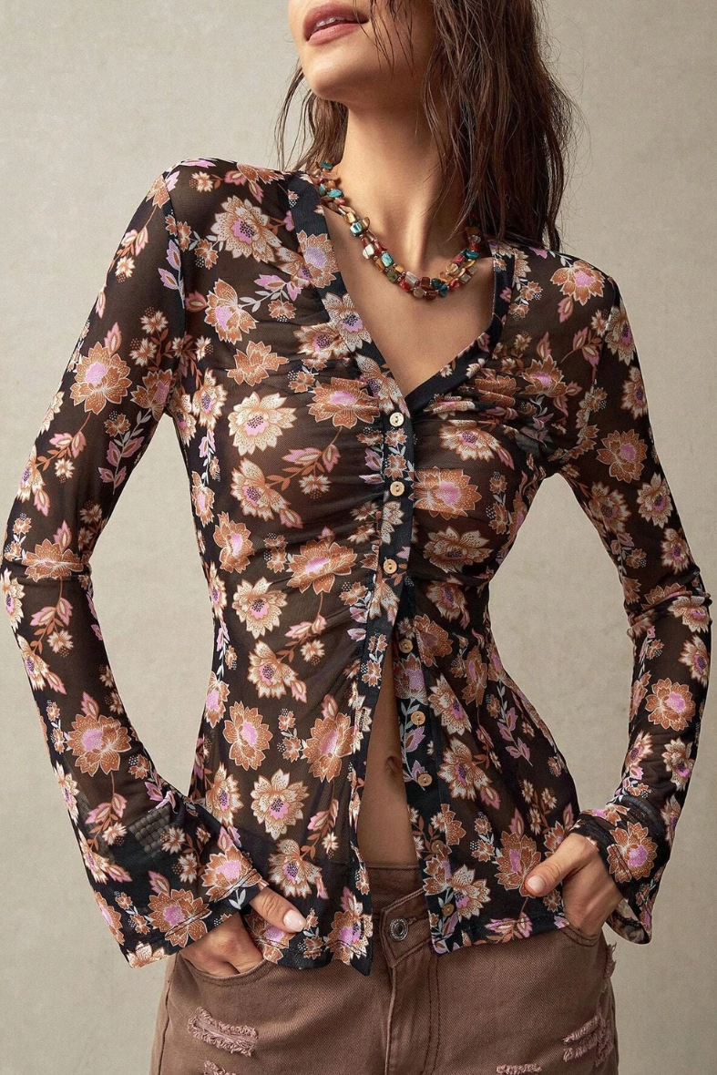 •MARIGOLD• floral semi-sheer button down top