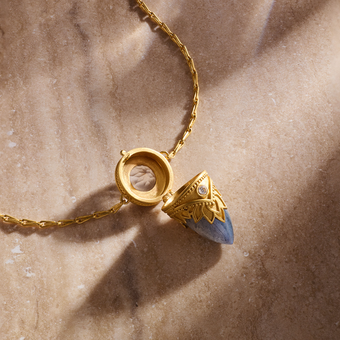 •GUIDING SPIRIT• labradorite + topaz gold locket necklace (18"-21" long)