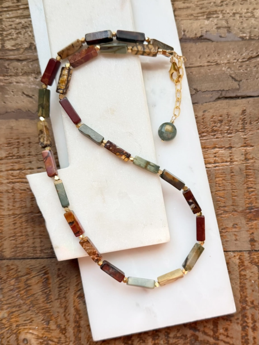 •LIL' CUBOIDS• red creek jasper + gold beaded necklace (16"-17.5" long)