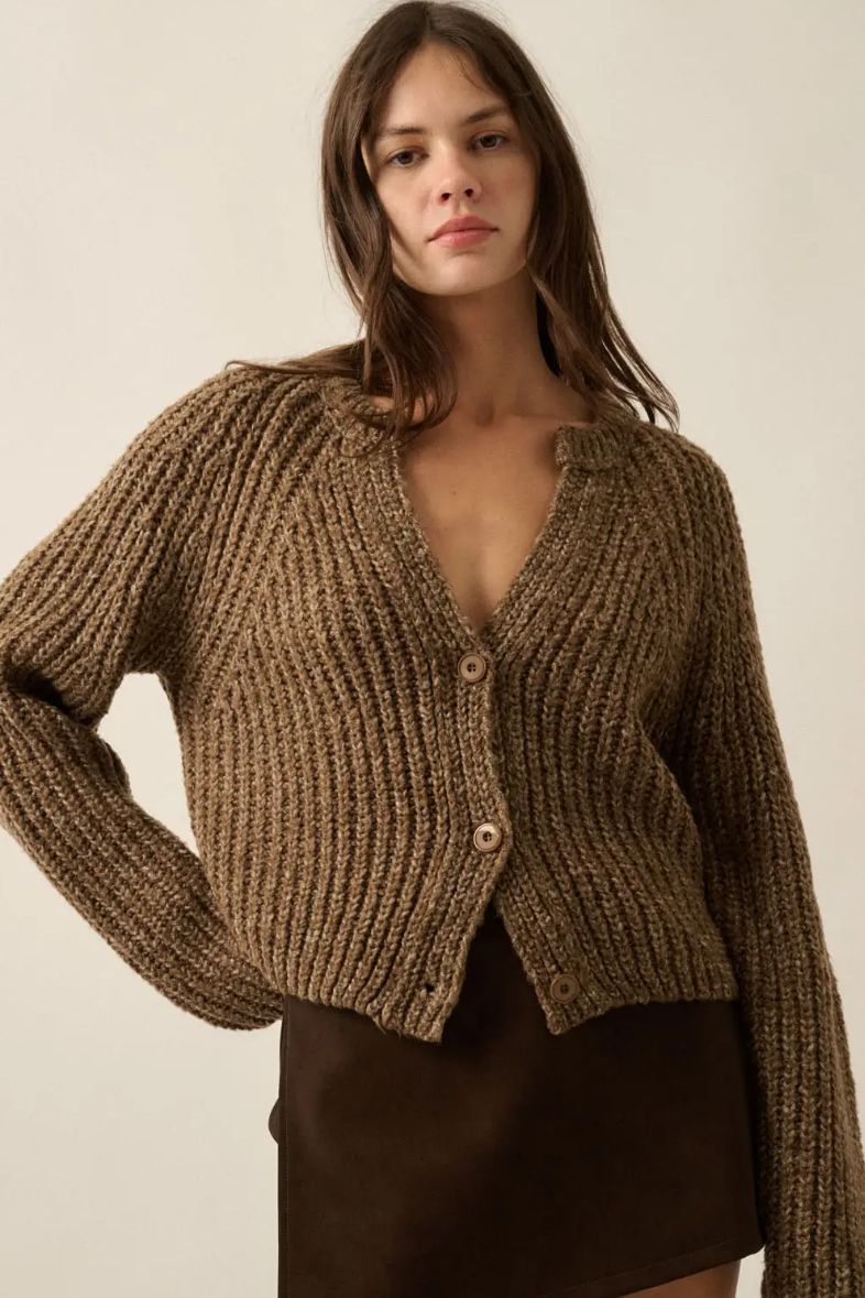 •DAPHNE - COCOA• cotton blend ribbed knit cardigan