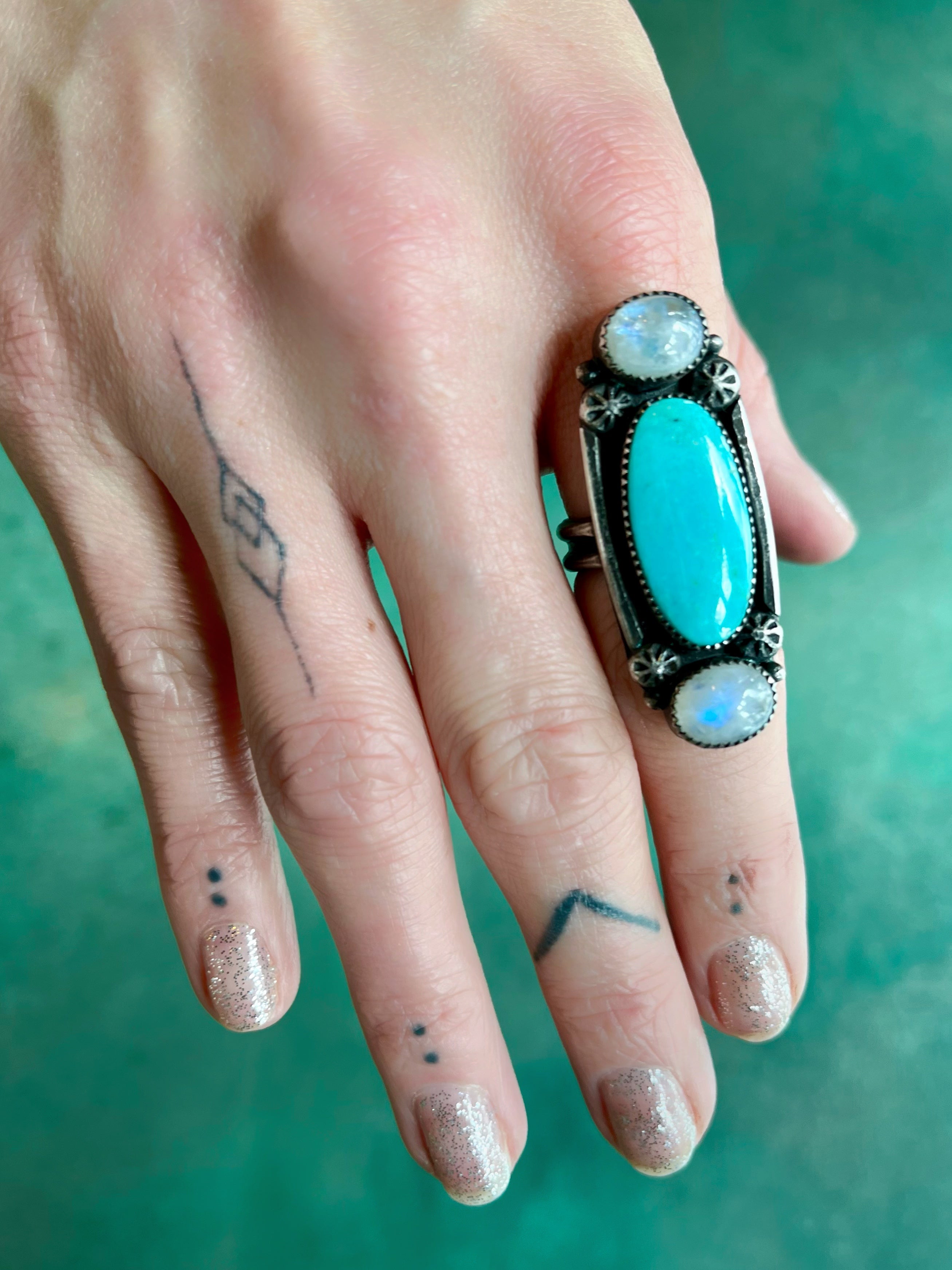 • DOT DASH DOT • turquoise, moonstone + silver ring - SIZE 9