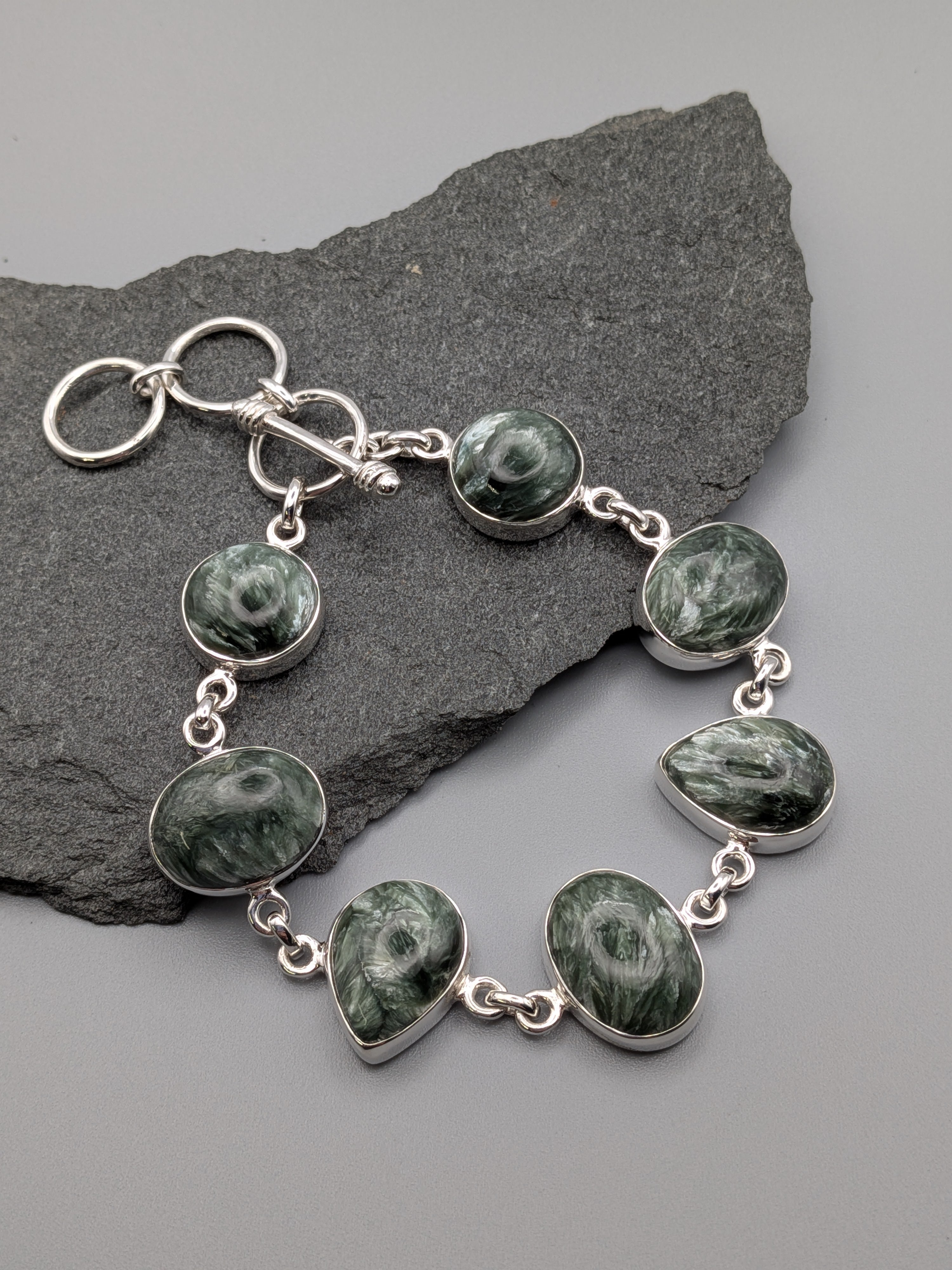 •SERAPHINITE - GEO MIX• linked silver bracelet (7" - 8.5")
