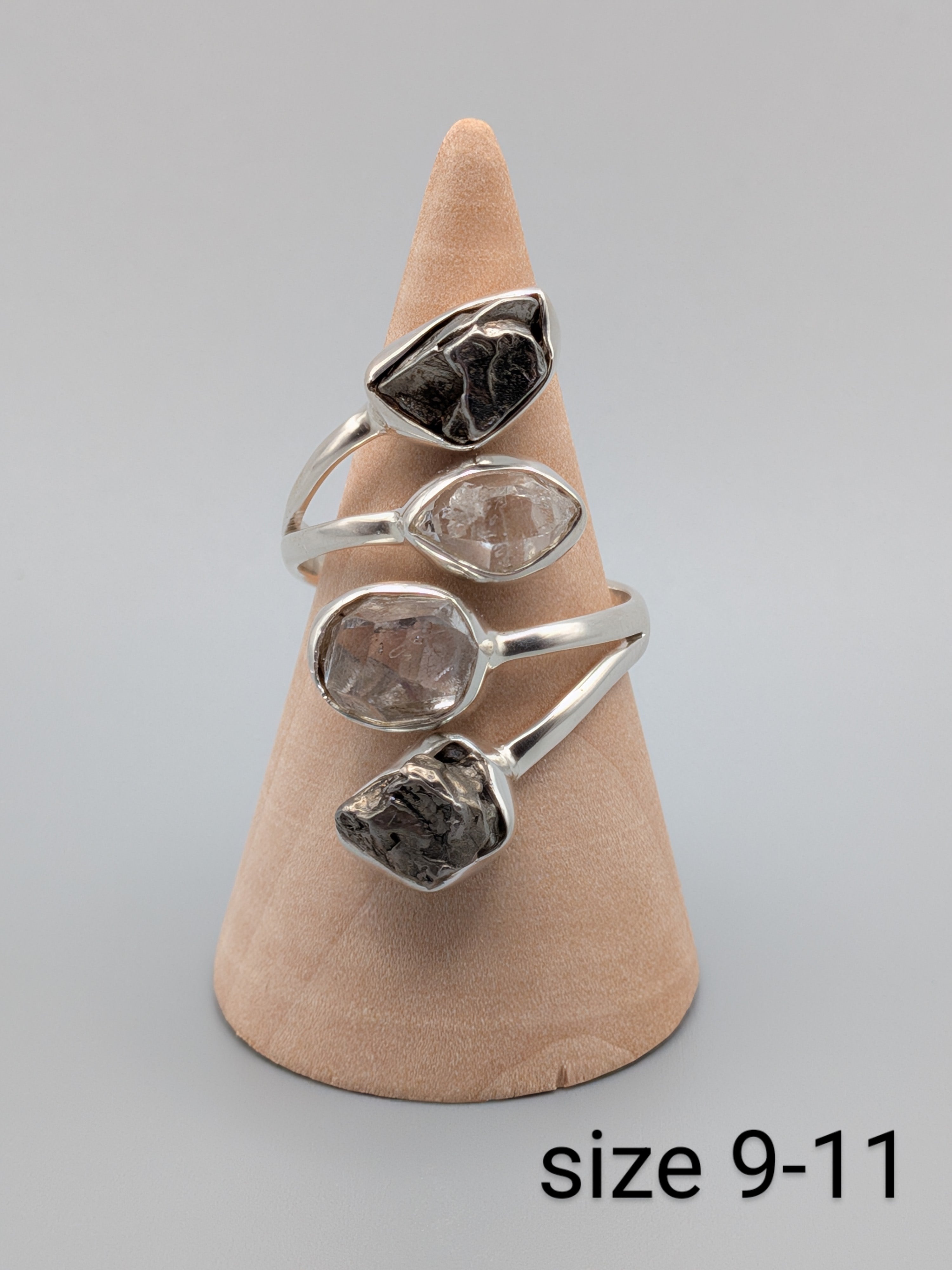 •METEORITE + HERKIMER• adjustable silver ring (various options)