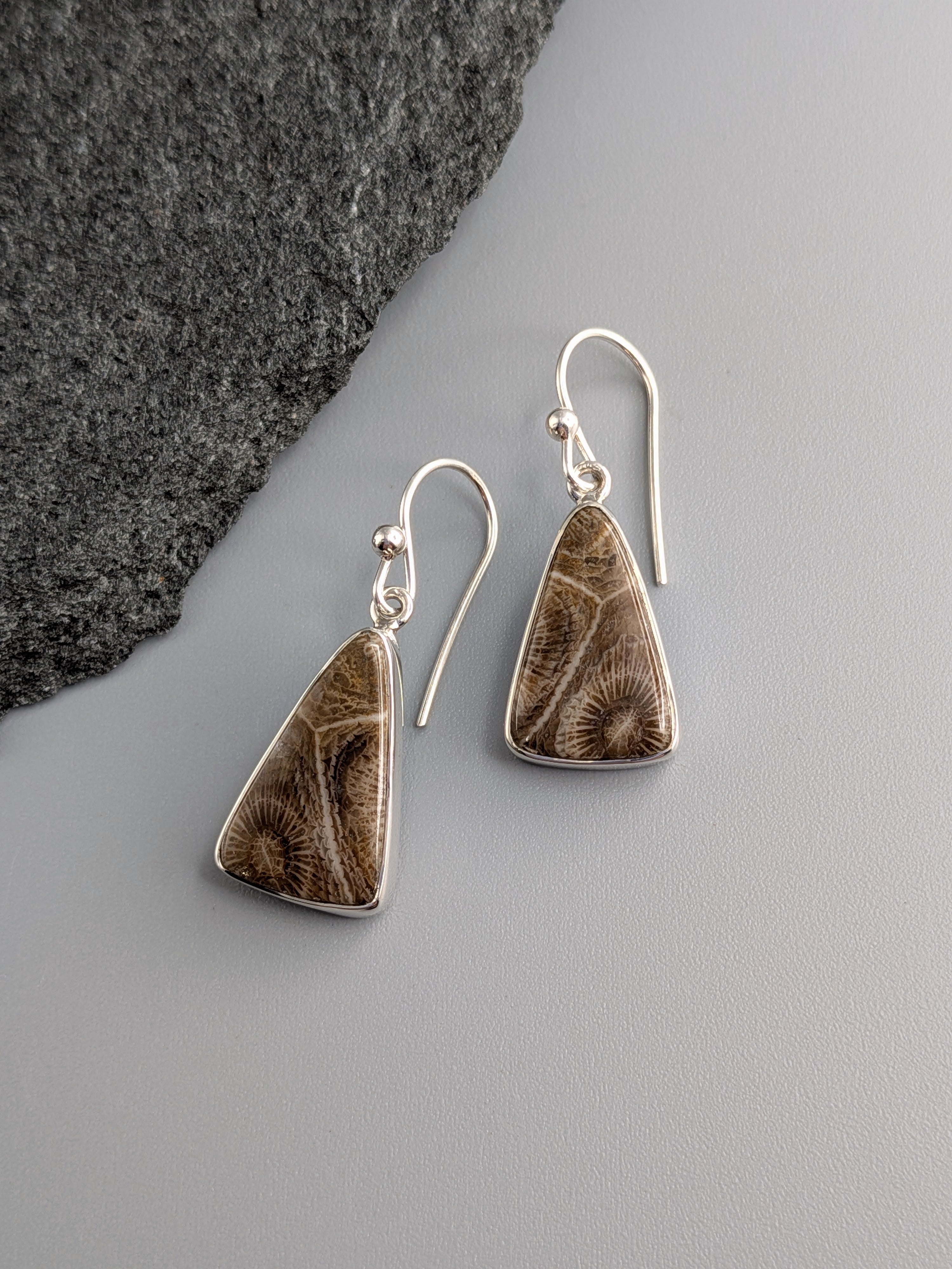 •FOSSILIZED CORAL - SOFT TRIANGLE• silver dangle earrings