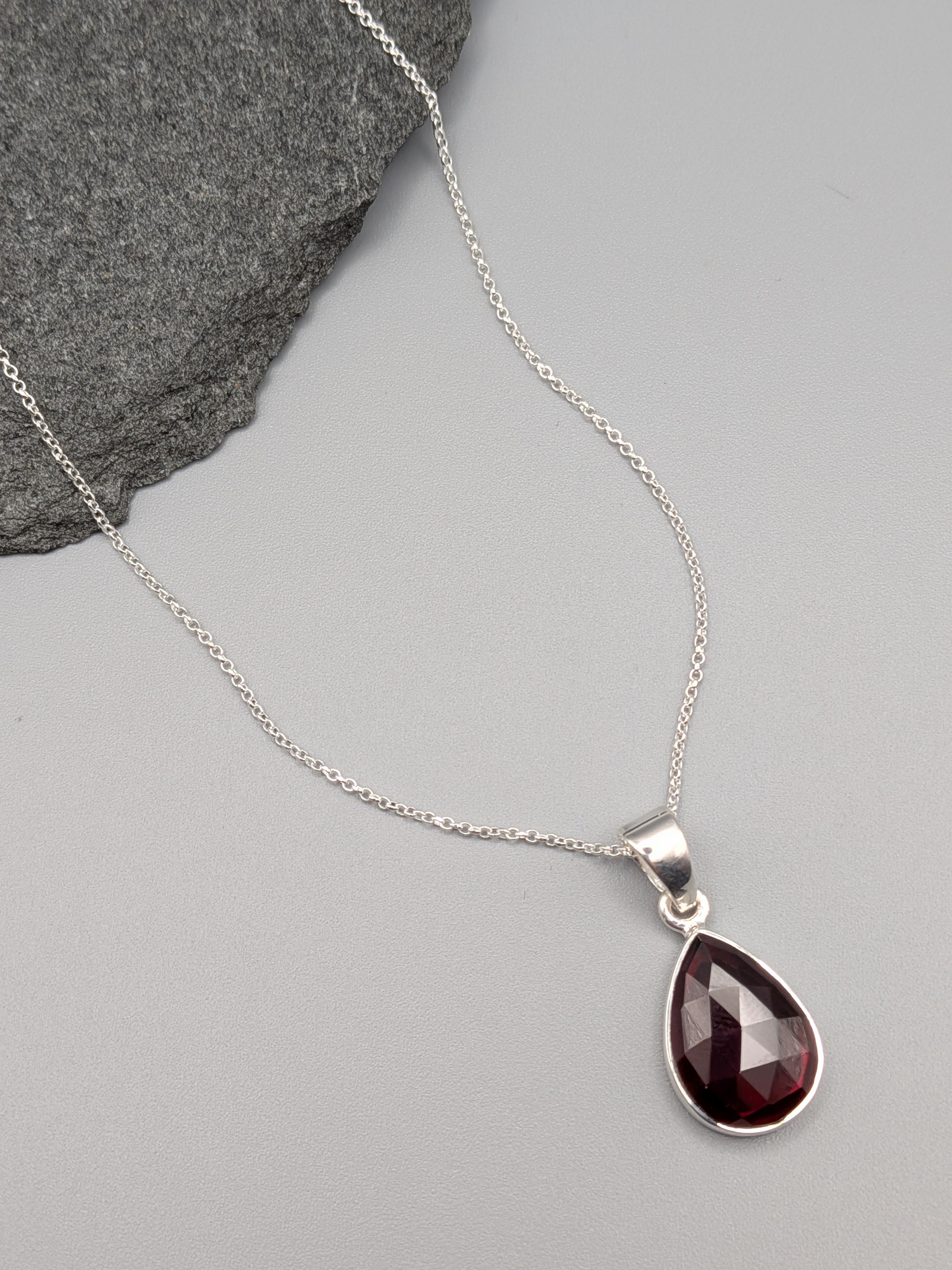 •GARNET - FACETED TEAR - 1• silver necklace (18" long)