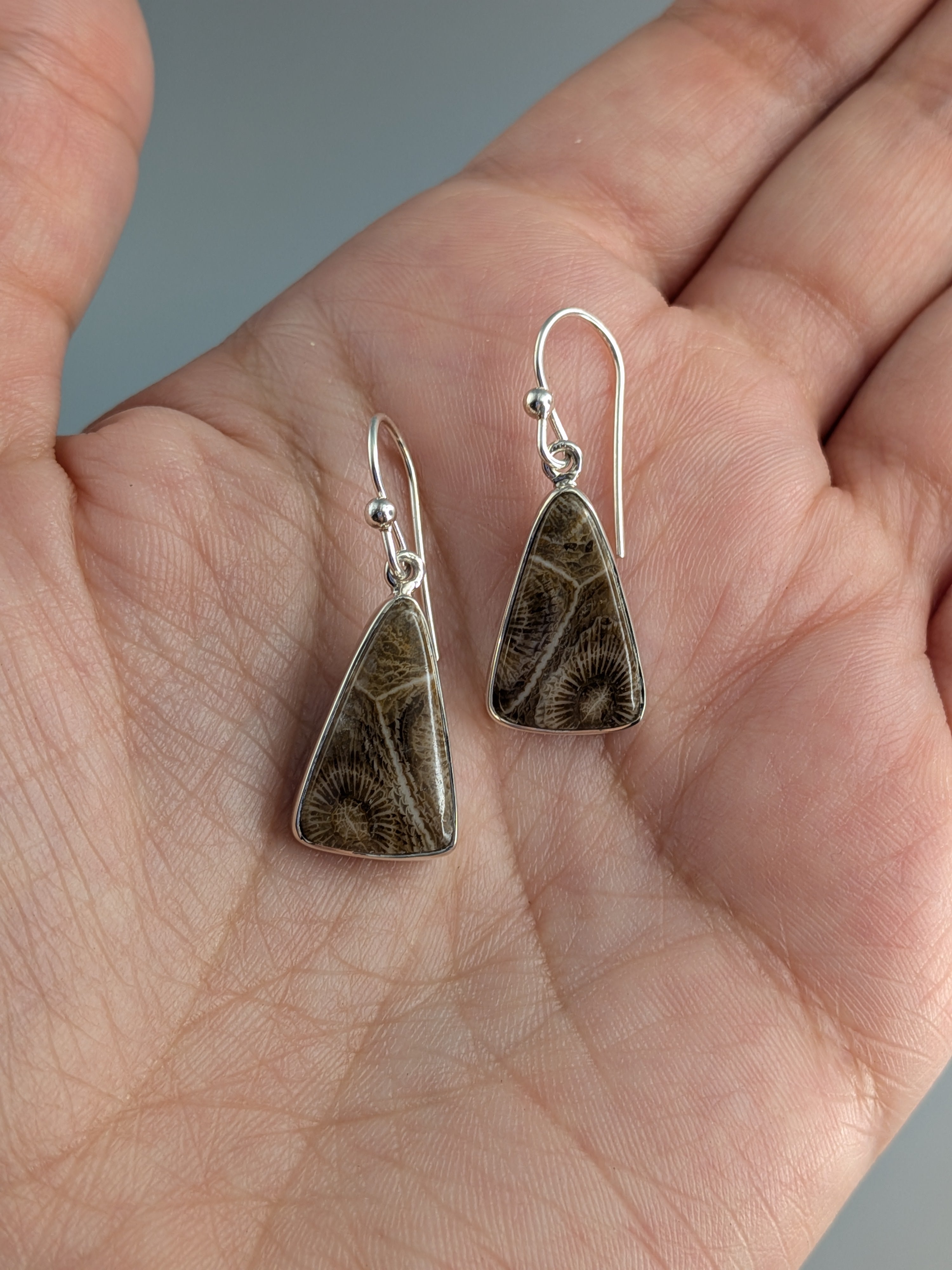 •FOSSILIZED CORAL - SOFT TRIANGLE• silver dangle earrings