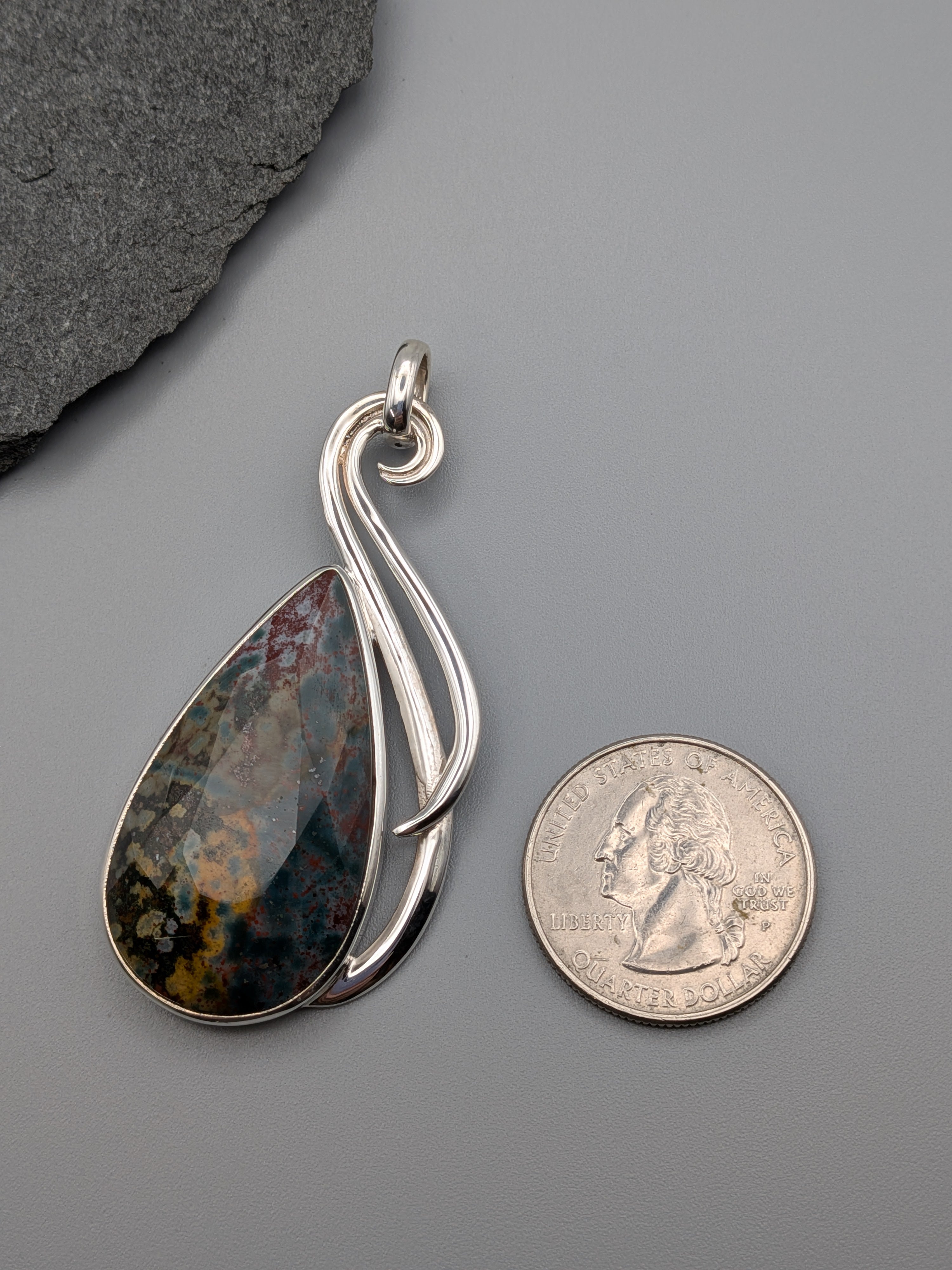 •BLOODSTONE - FACETED TEARDROP - FLOURISH• sterling silver pendant