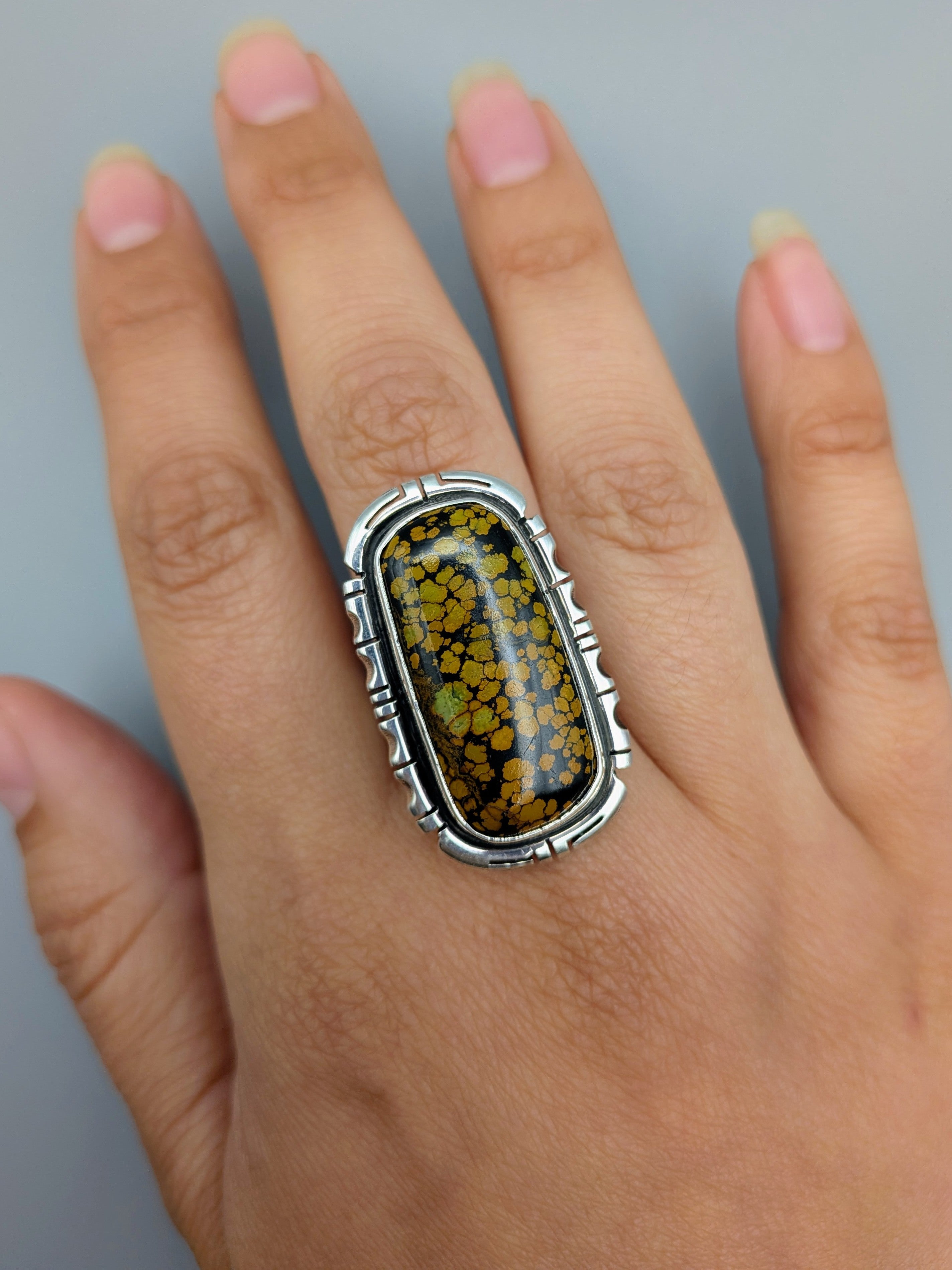 •BLACKJACK TURQUOISE - STORM• Navajo adjustable silver ring
