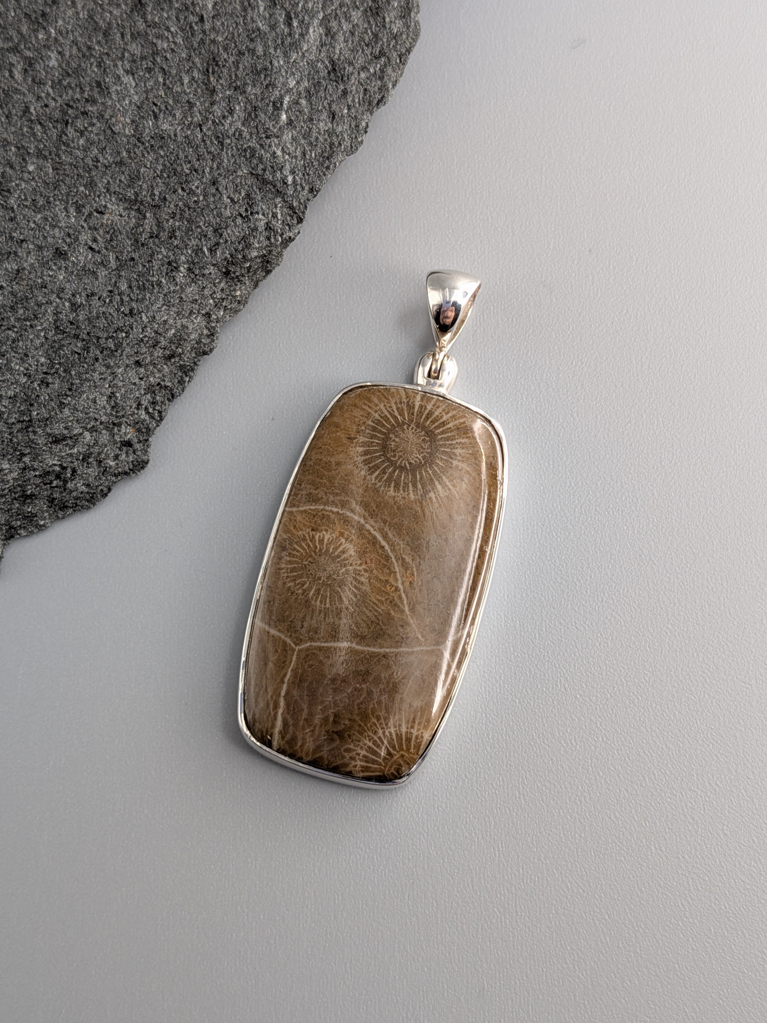 •FOSSILIZED CORAL - SOFT RECTANGLE• sterling silver pendant