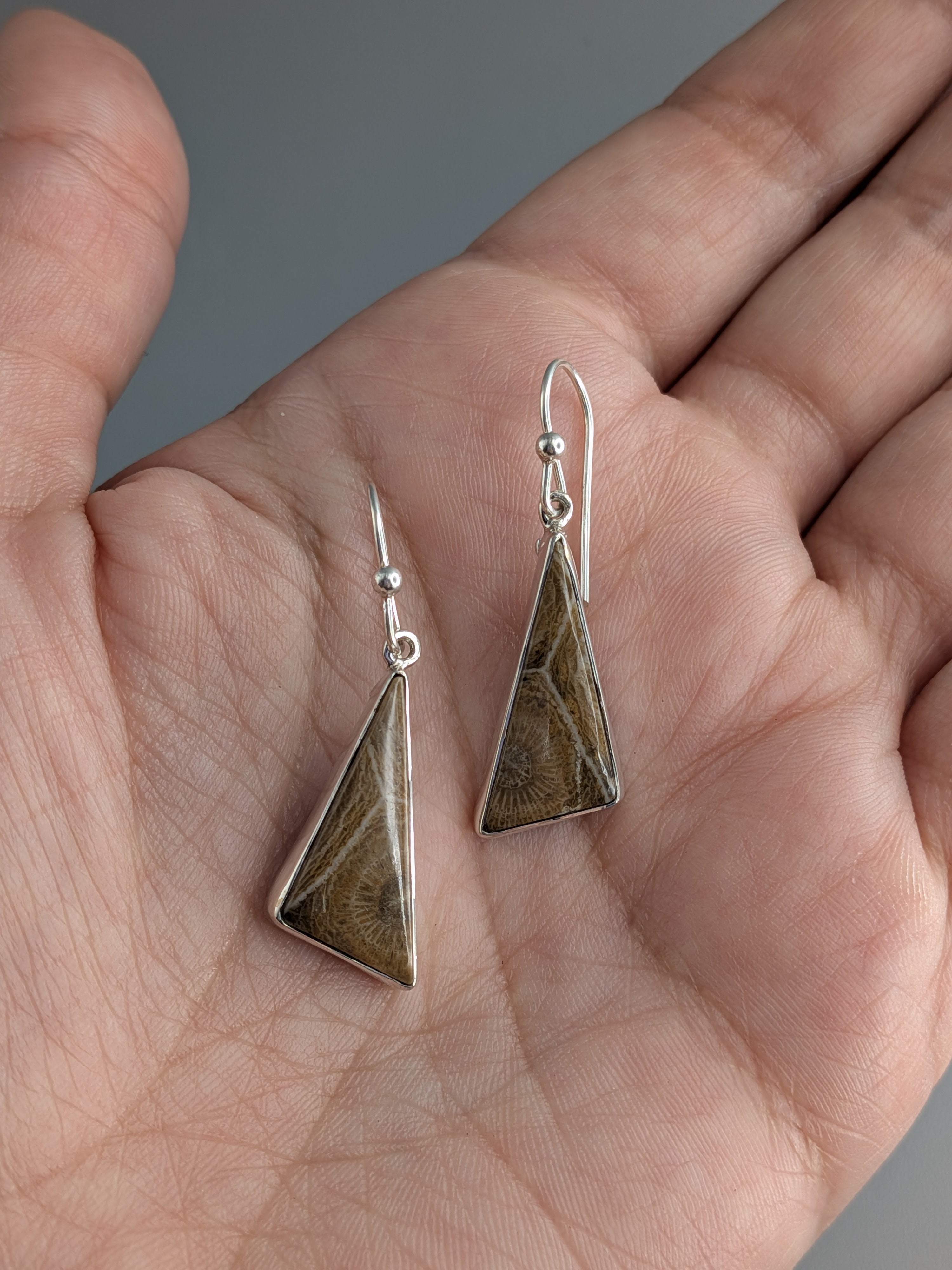 •FOSSILIZED CORAL - SMALL TRIANGLE• silver dangle earrings