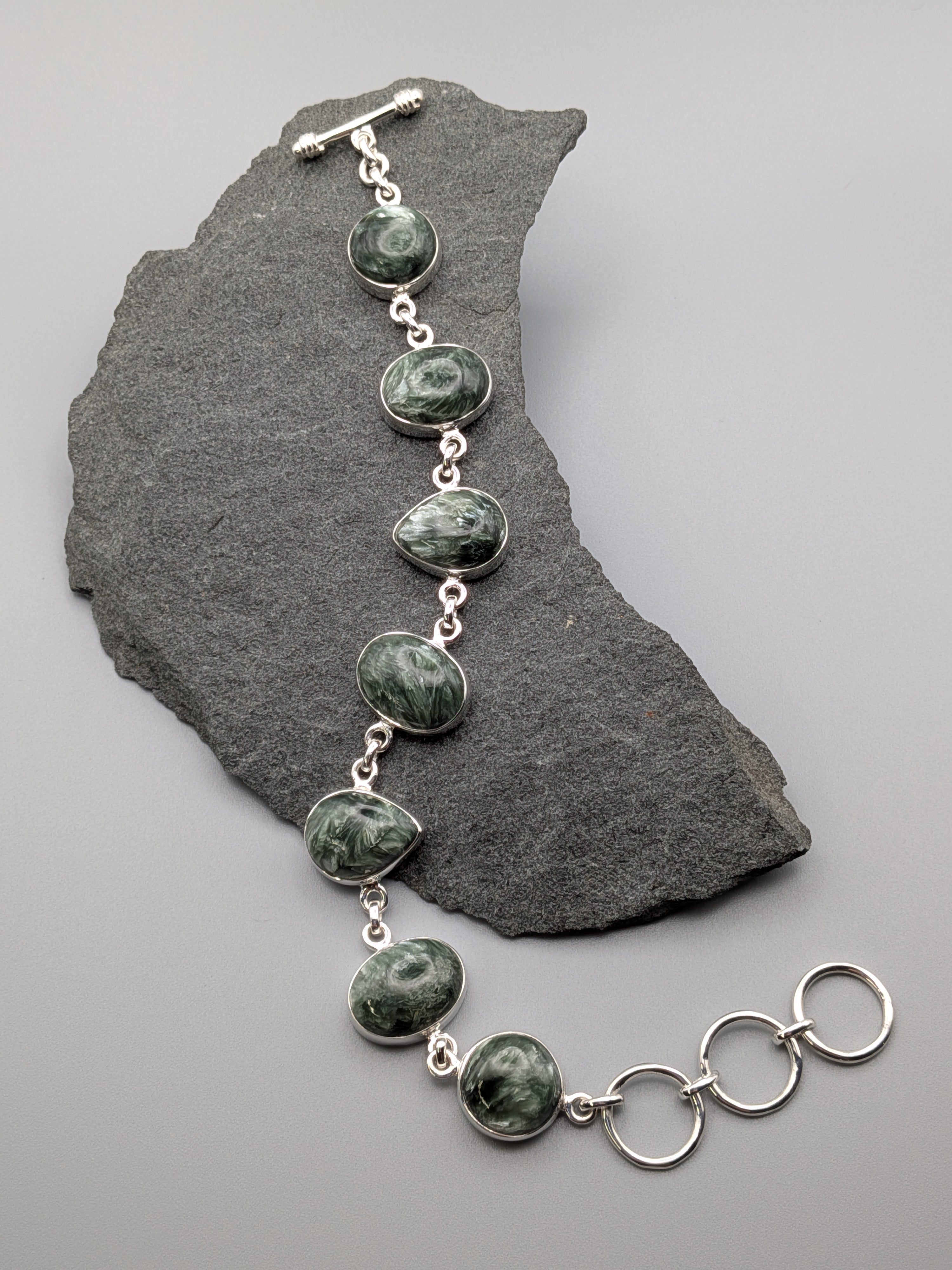•SERAPHINITE - GEO MIX• linked silver bracelet (7" - 8.5")
