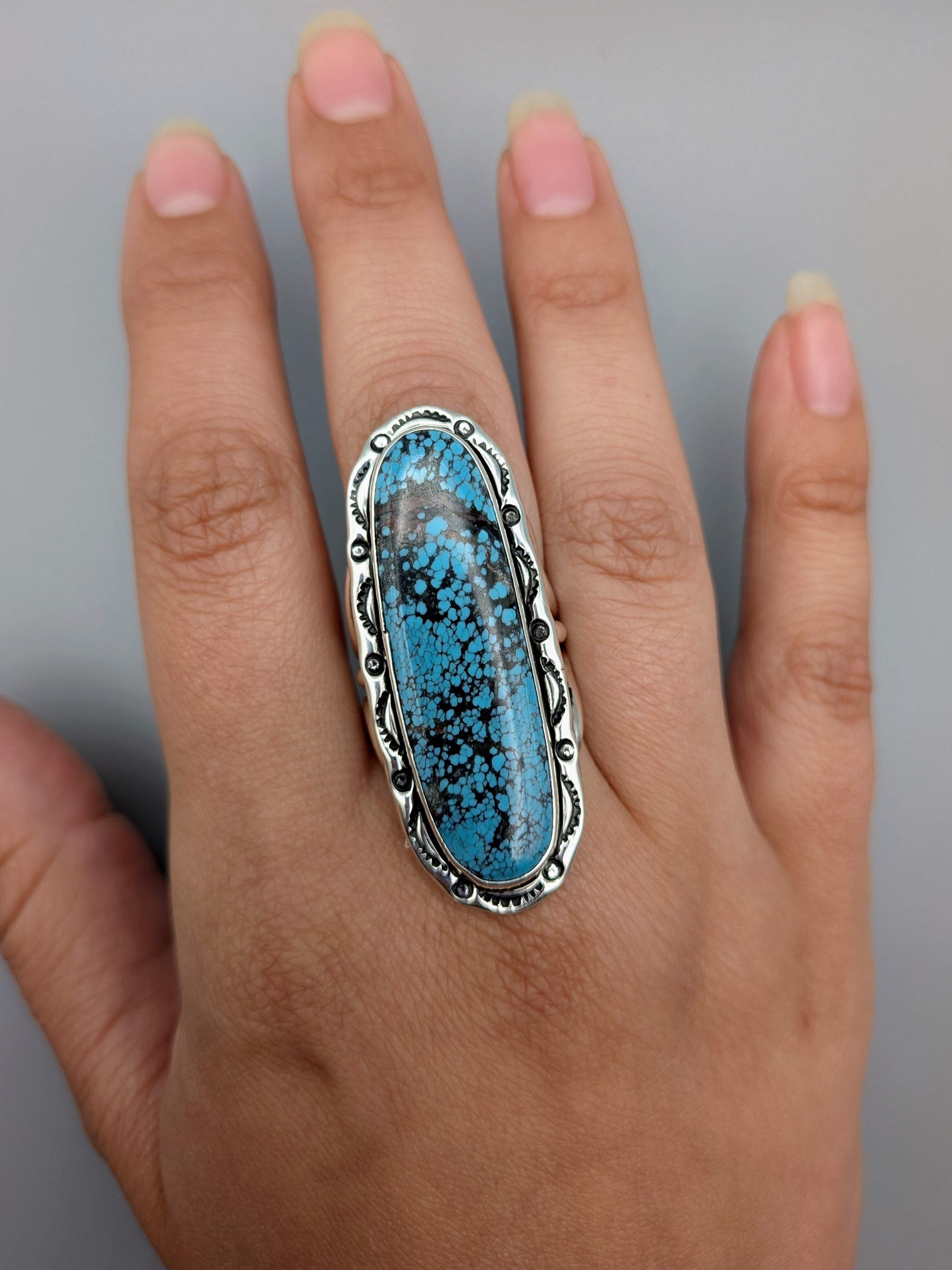 •BLACKJACK TURQUOISE - SHÁ• Navajo silver ring (size 9.25)
