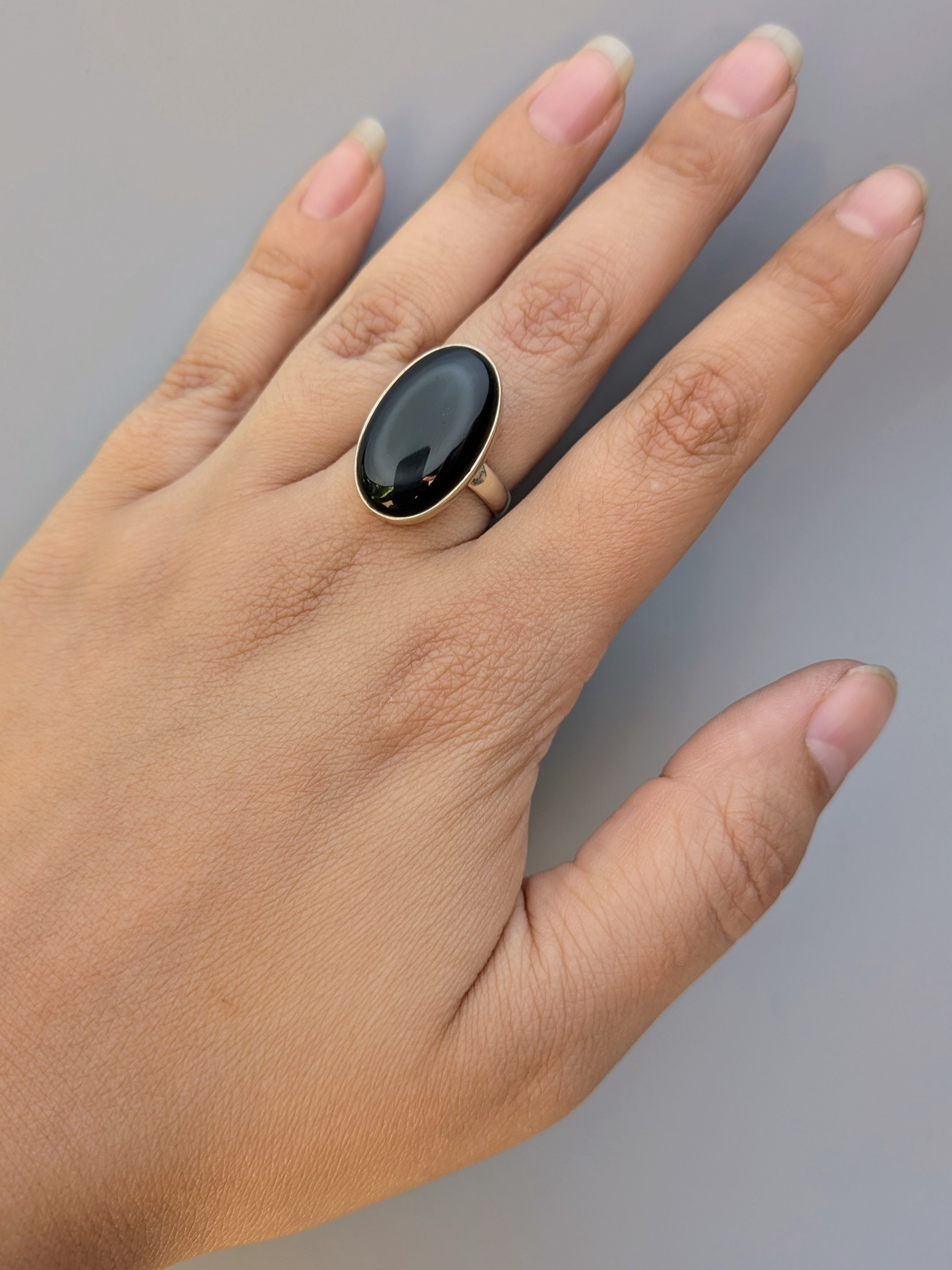 •RAINBOW OBSIDIAN - OVAL• simple bezel silver ring (size 8)