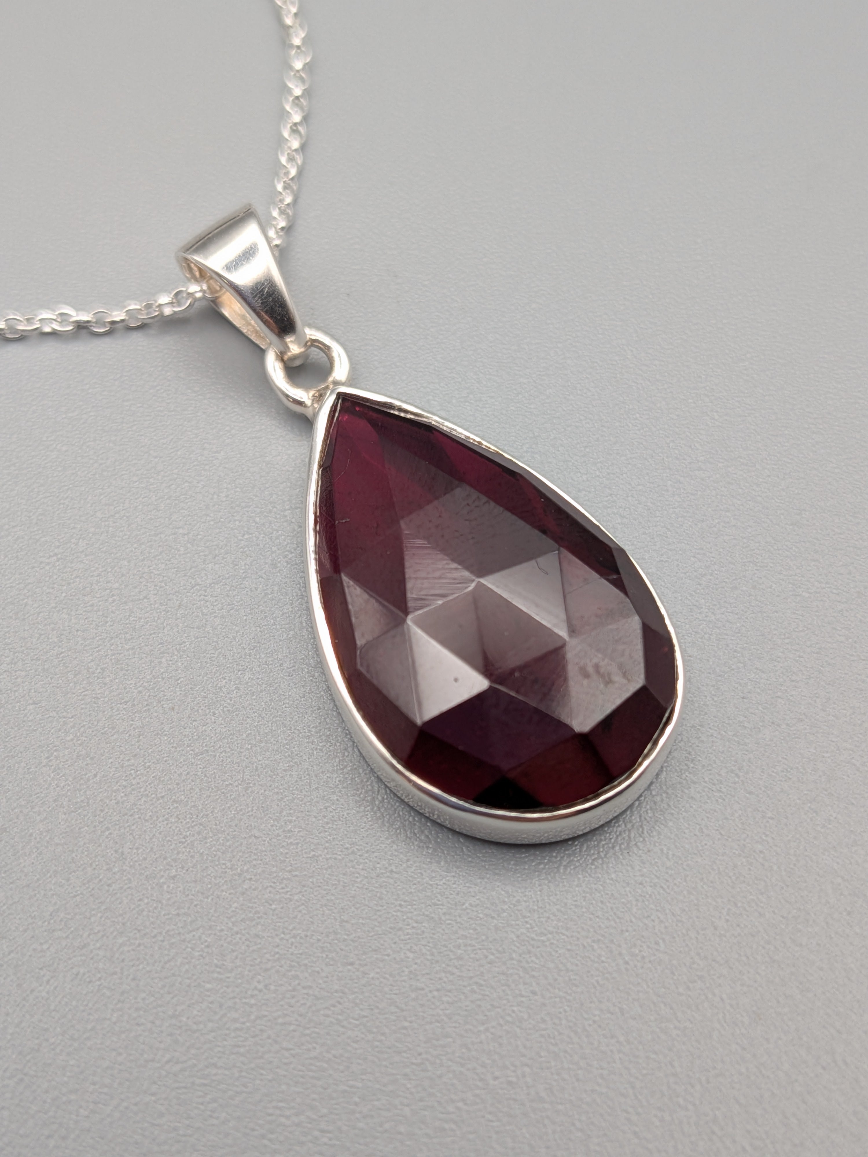•GARNET - FACETED TEAR - 2• silver necklace (18" long)