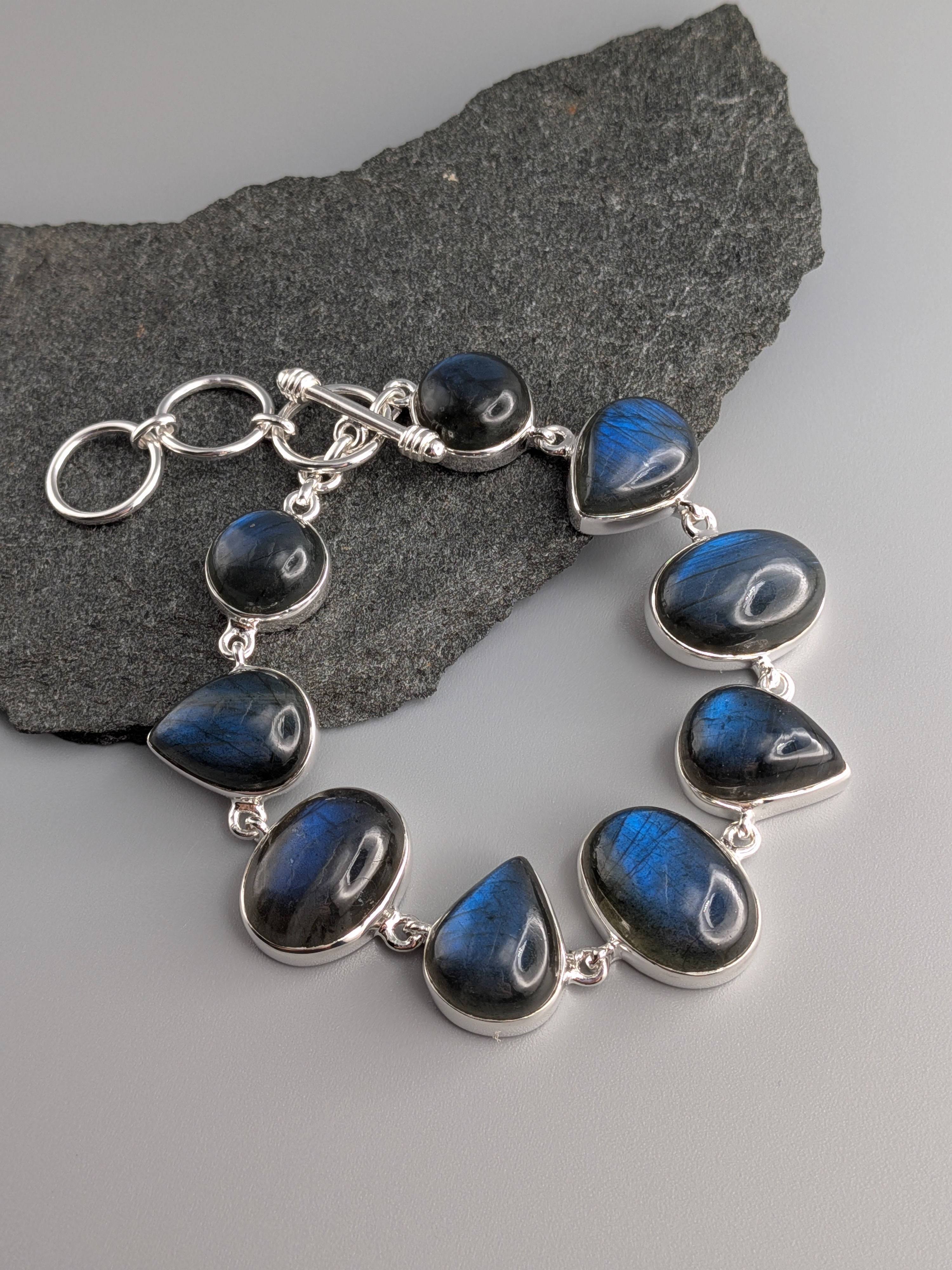 •LABRADORITE - GEO MIX LARGE• linked silver bracelet (7.25" - 8.75")