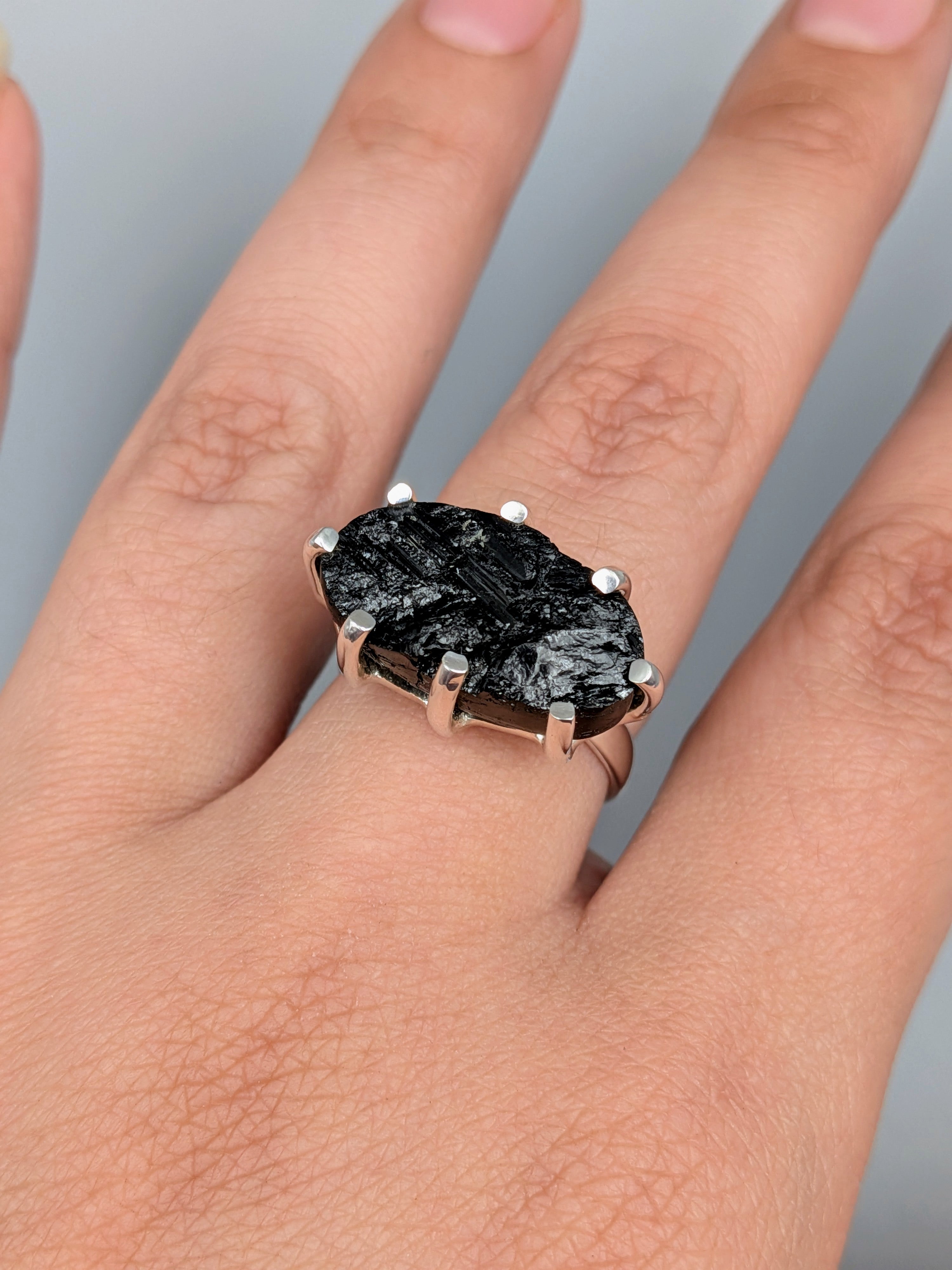 •BLACK TOURMALINE - BATTLESHIP• prong set silver ring (size 8)