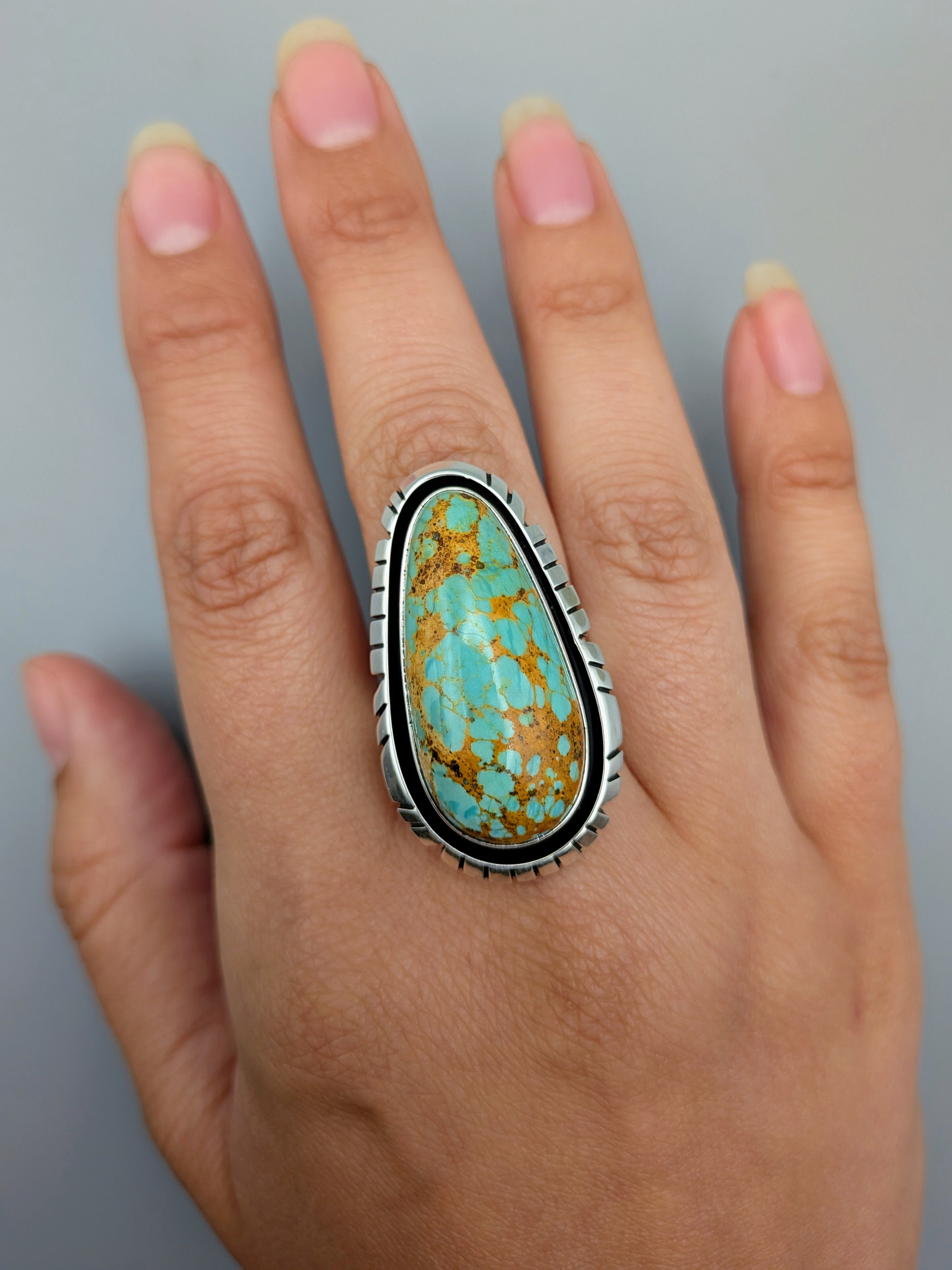 •KINGMAN TURQUOISE - ATSAH• Navajo silver ring (size 8.25)