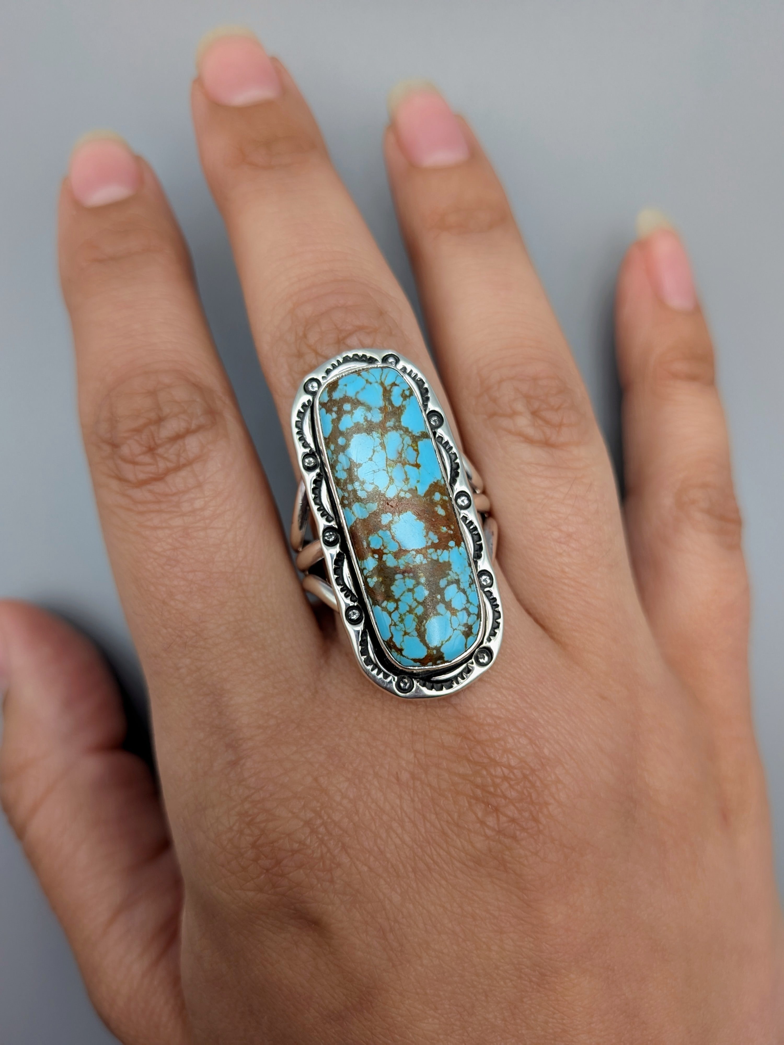 •#8 TURQUOISE - SHÁ• Navajo silver ring (size 11)
