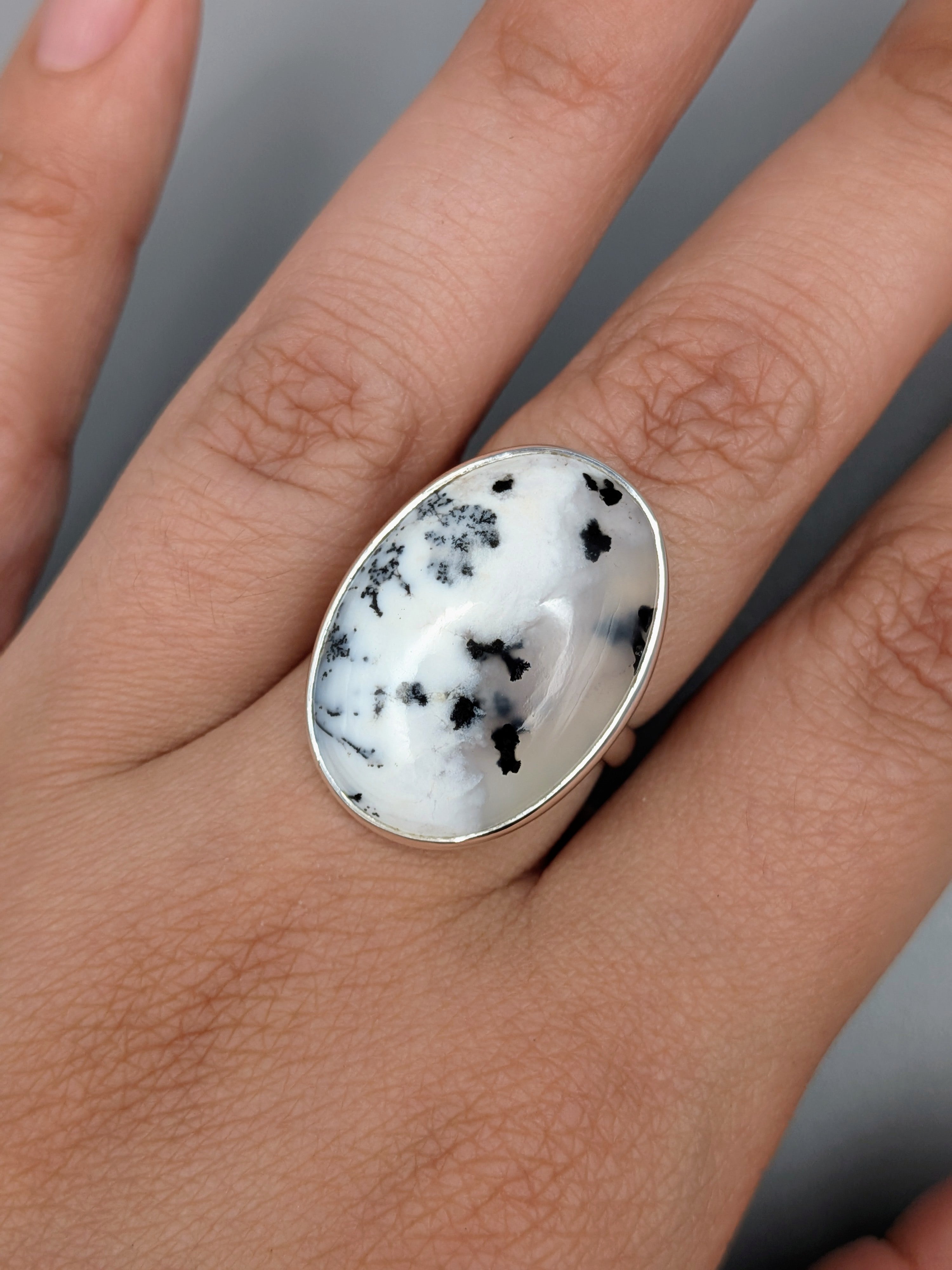 •DENDRITIC OPAL - OVAL• simple bezel silver ring (size 7.75)