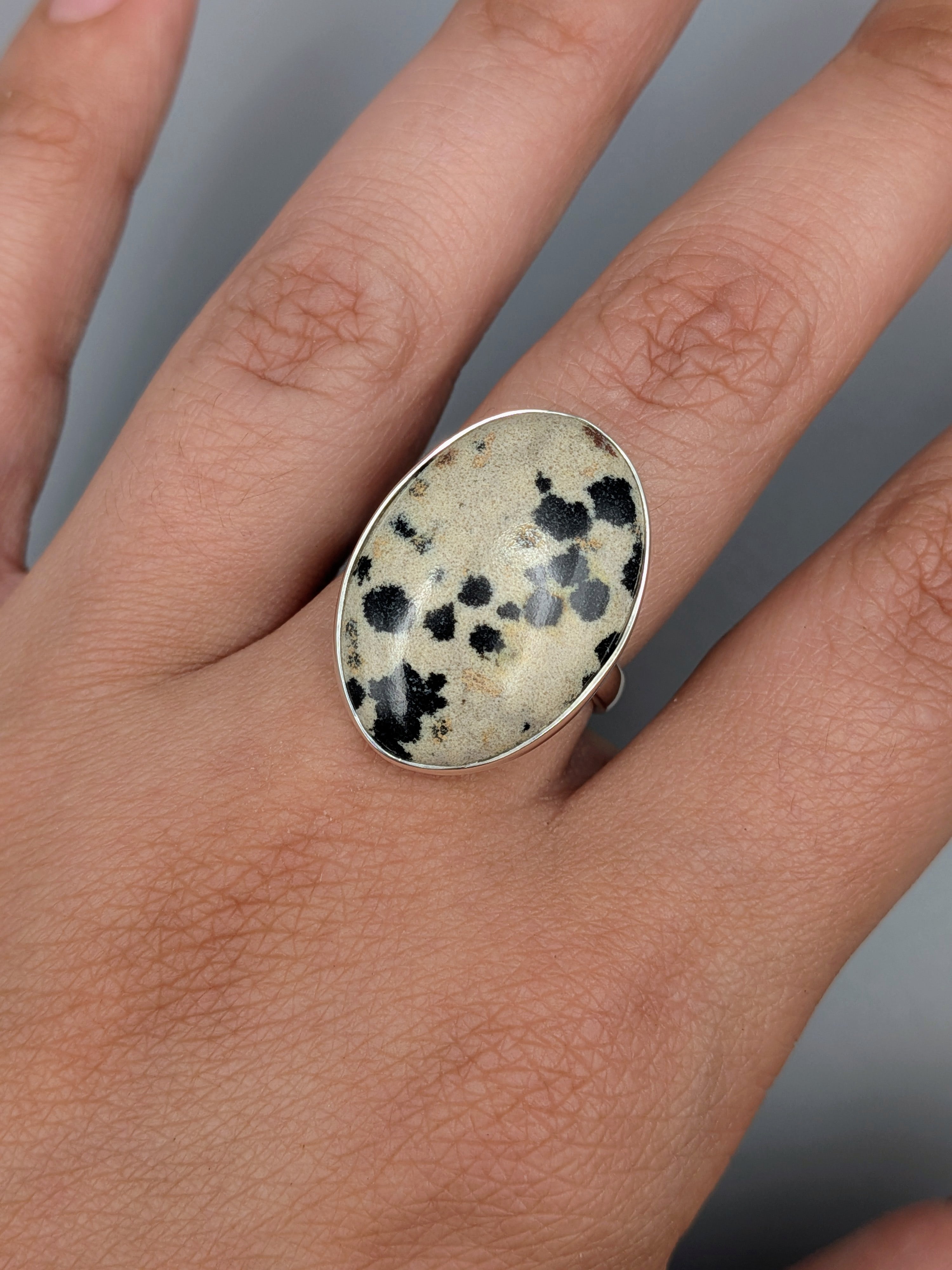 •DALMATIAN JASPER - OVAL• simple bezel silver ring (size 9)