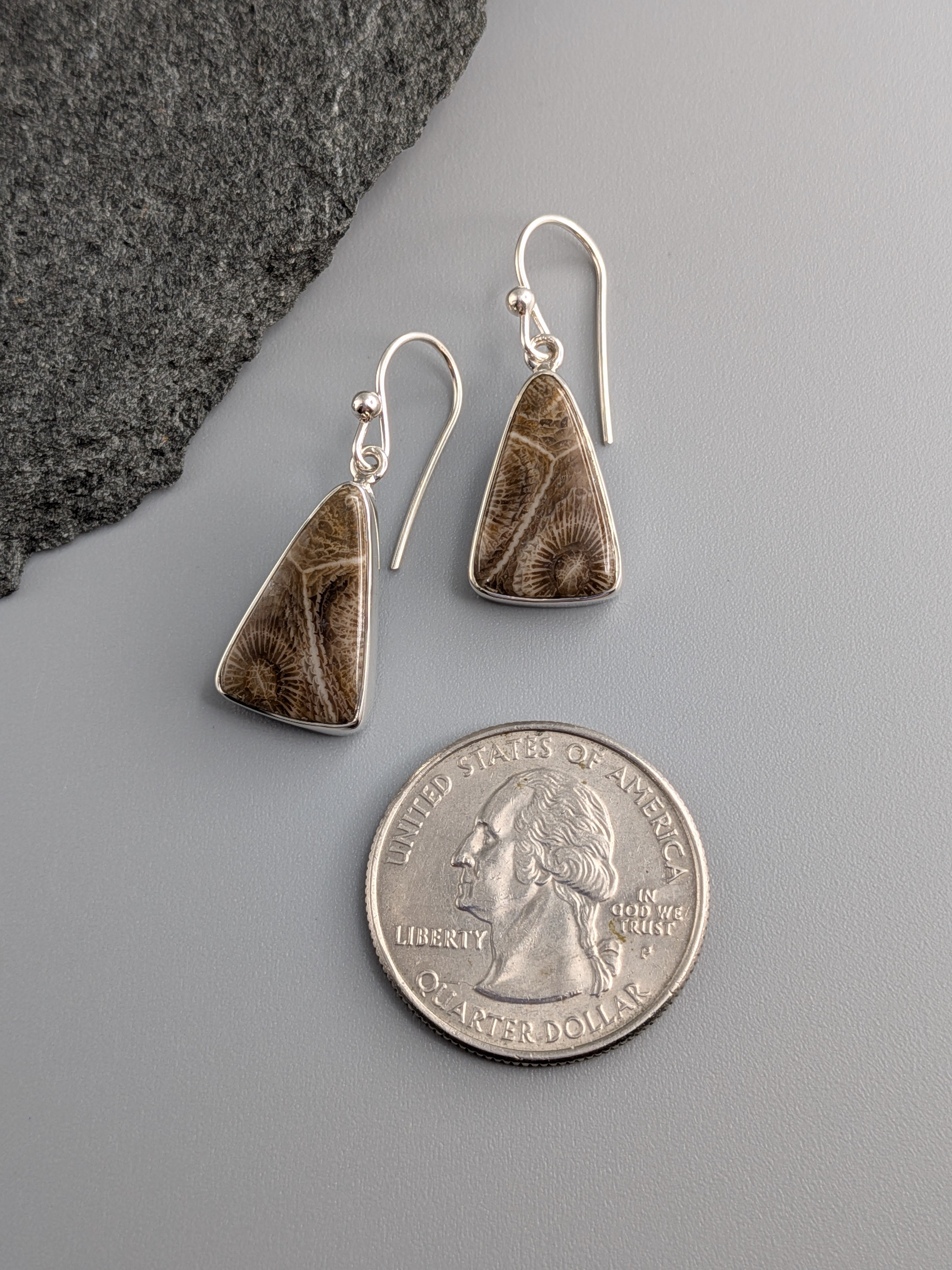 •FOSSILIZED CORAL - SOFT TRIANGLE• silver dangle earrings