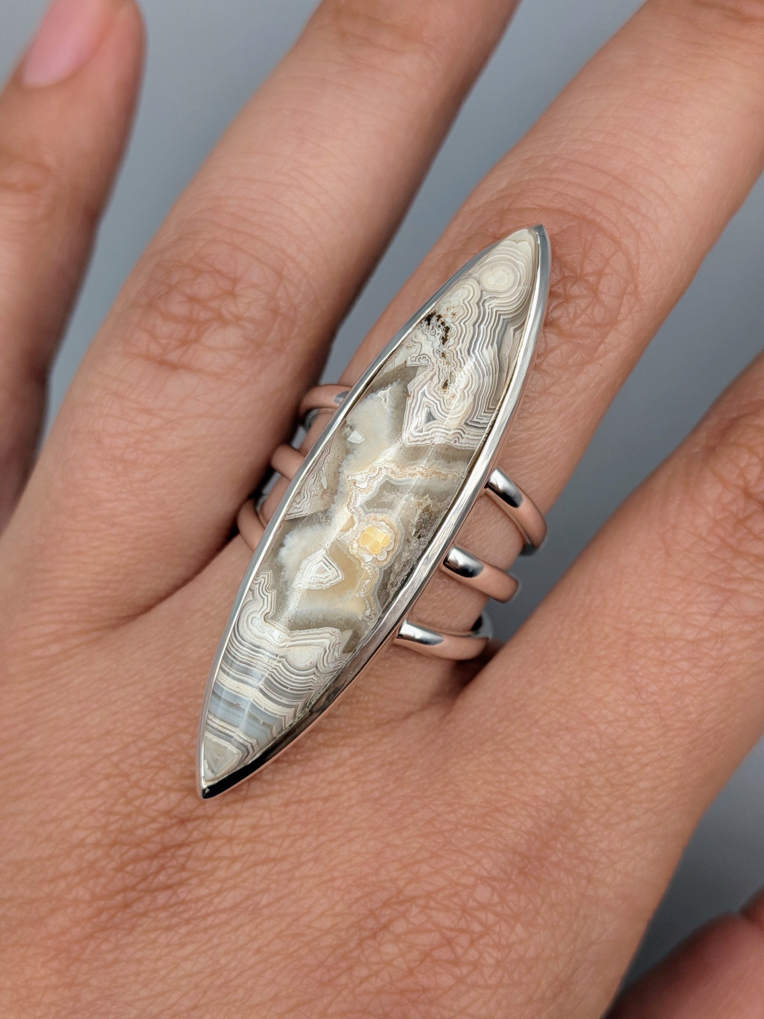 •LACE AGATE - DEEP MARQUISE• split band silver ring (size 9.75)