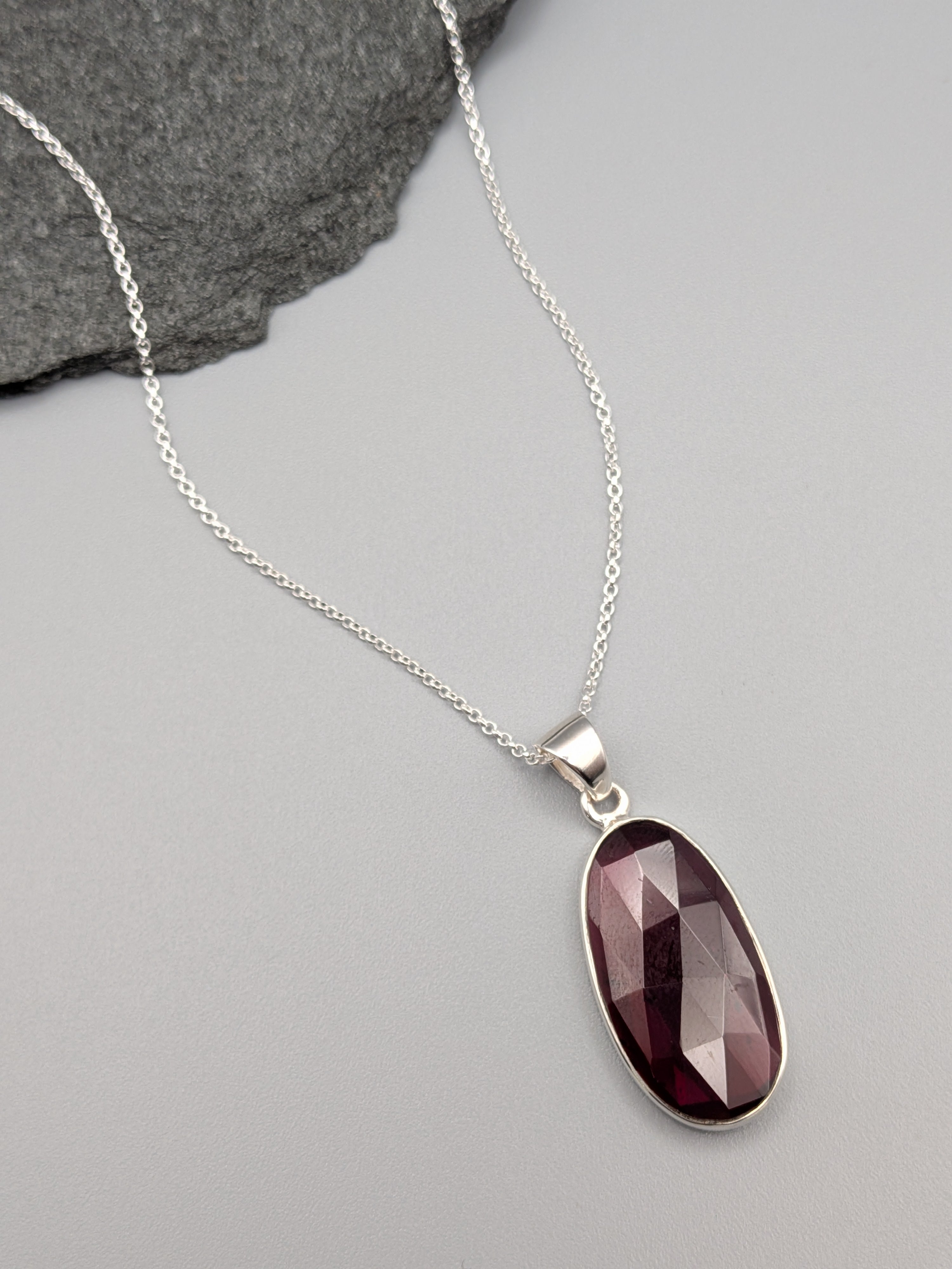 •GARNET - FACETED OVAL - 2• silver necklace (18" long)