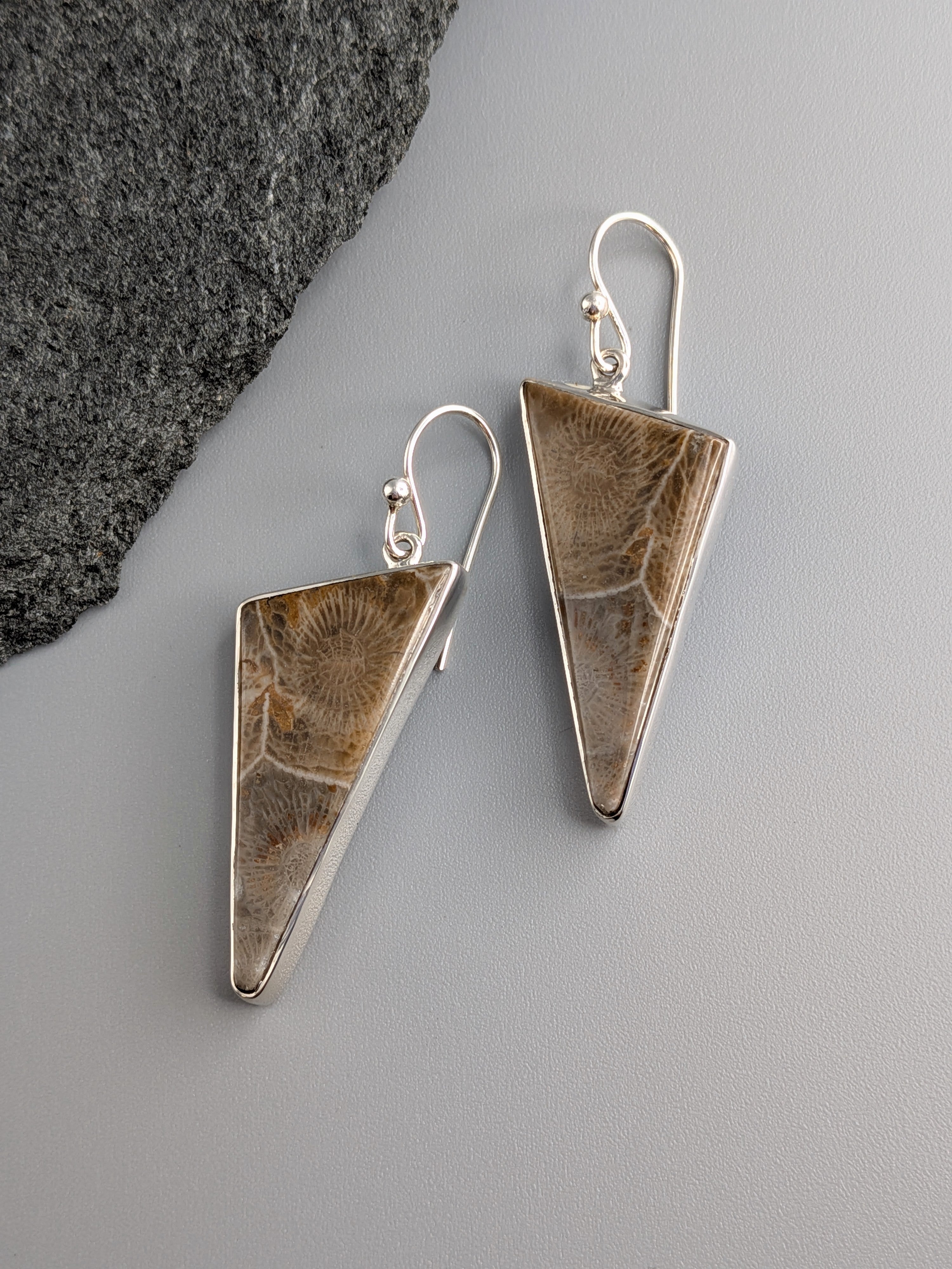 •FOSSILIZED CORAL - LARGE TRIANGLE• silver dangle earrings