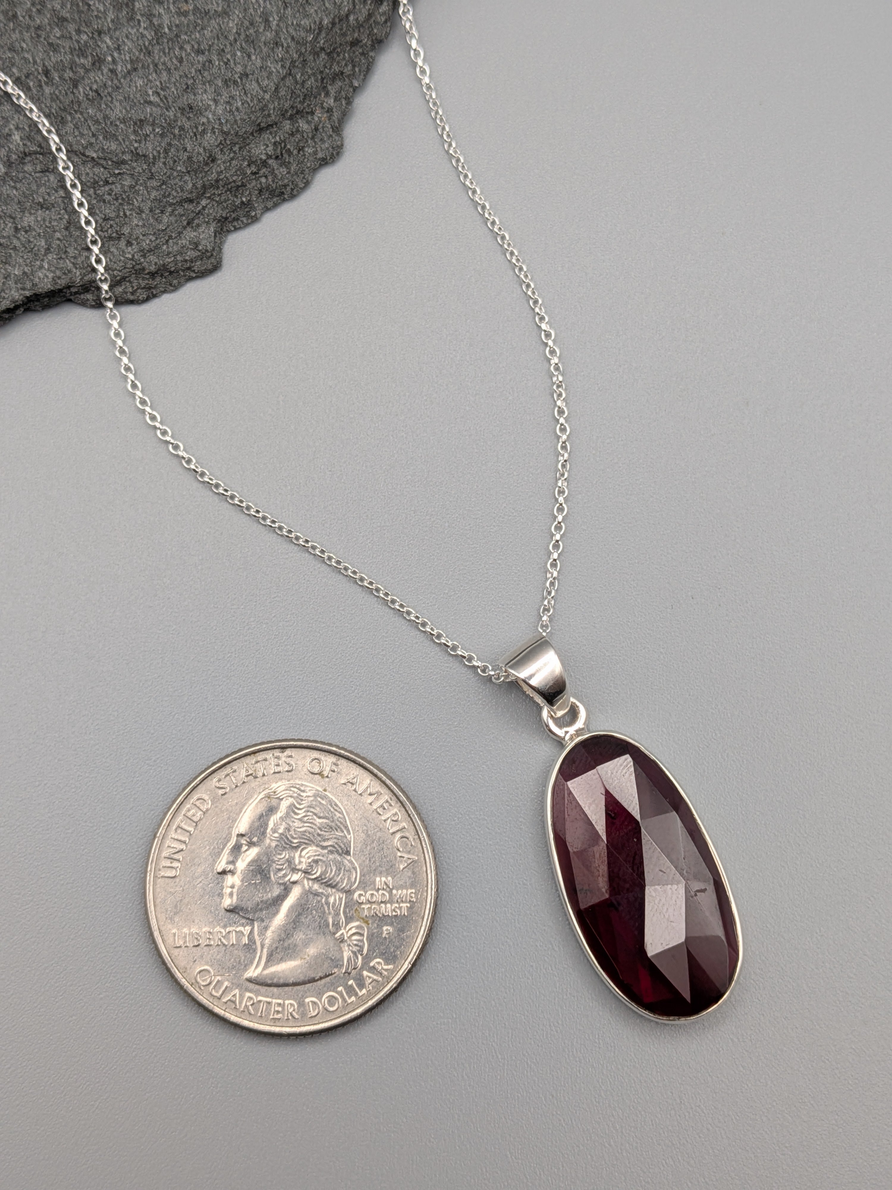 •GARNET - FACETED OVAL - 2• silver necklace (18" long)