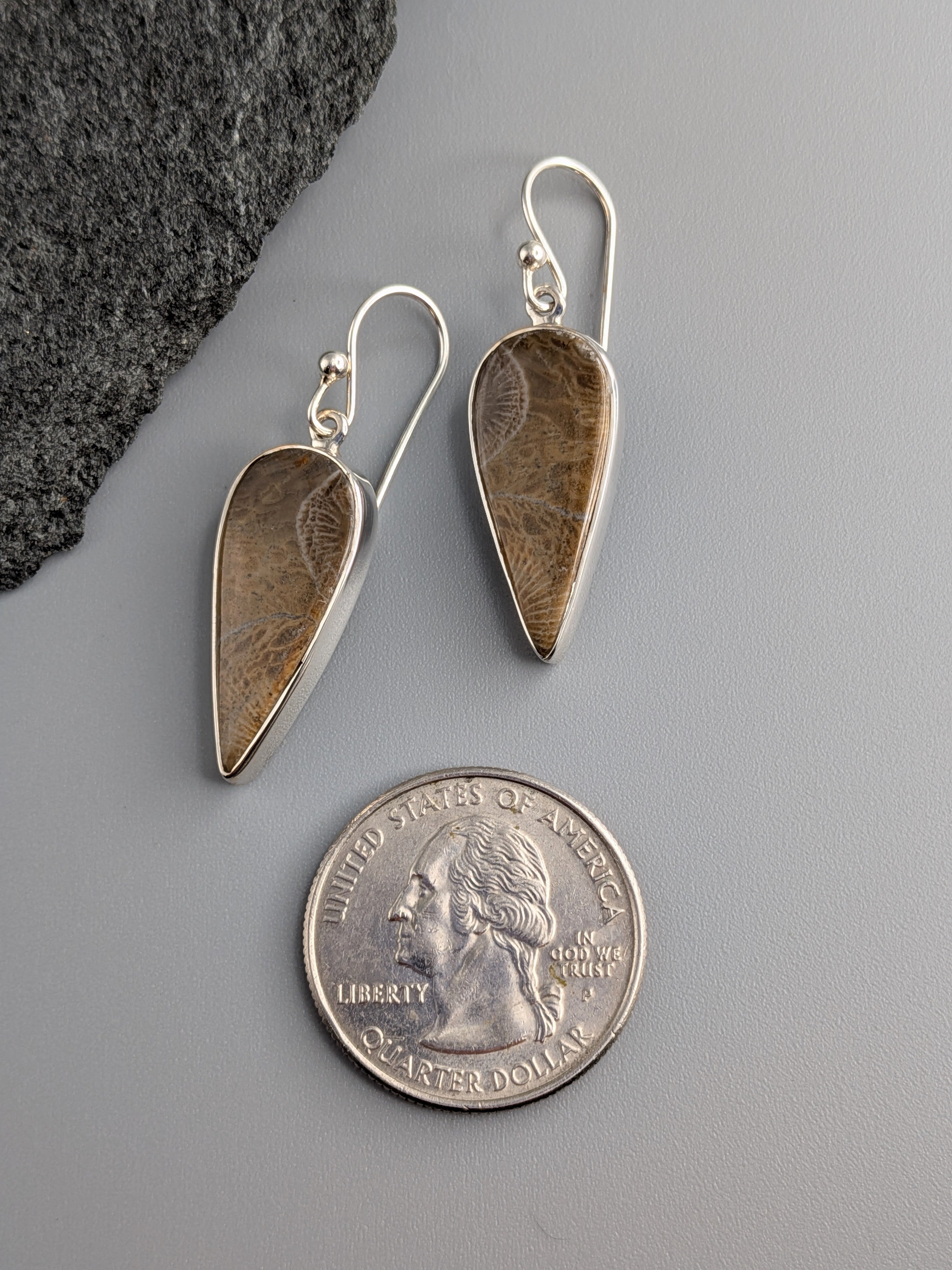 •FOSSILIZED CORAL - SPEAR TEAR• silver dangle earrings