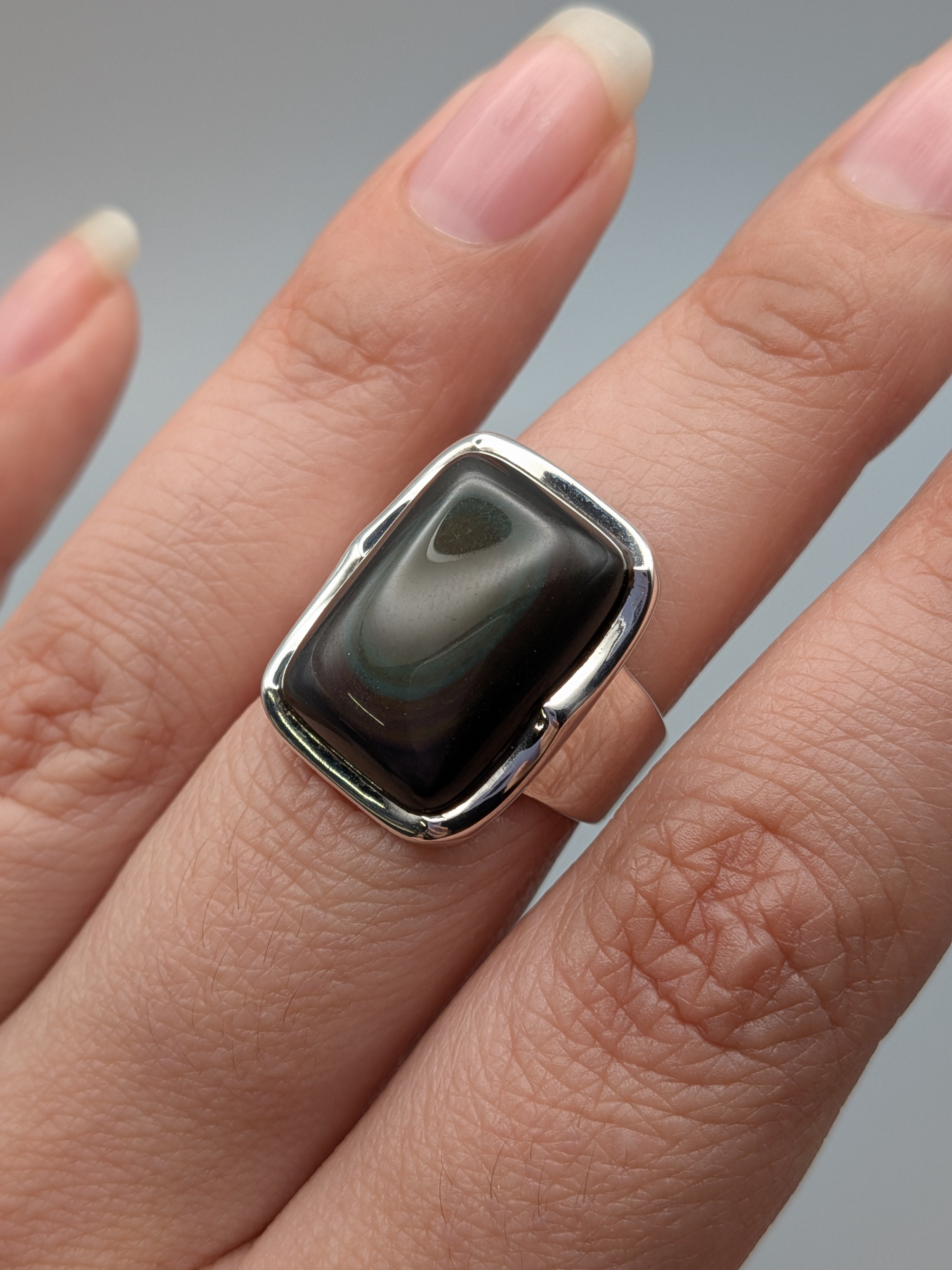•RAINBOW OBSIDIAN - SOFT SQUARE• scalloped bezel silver ring (various sizes)