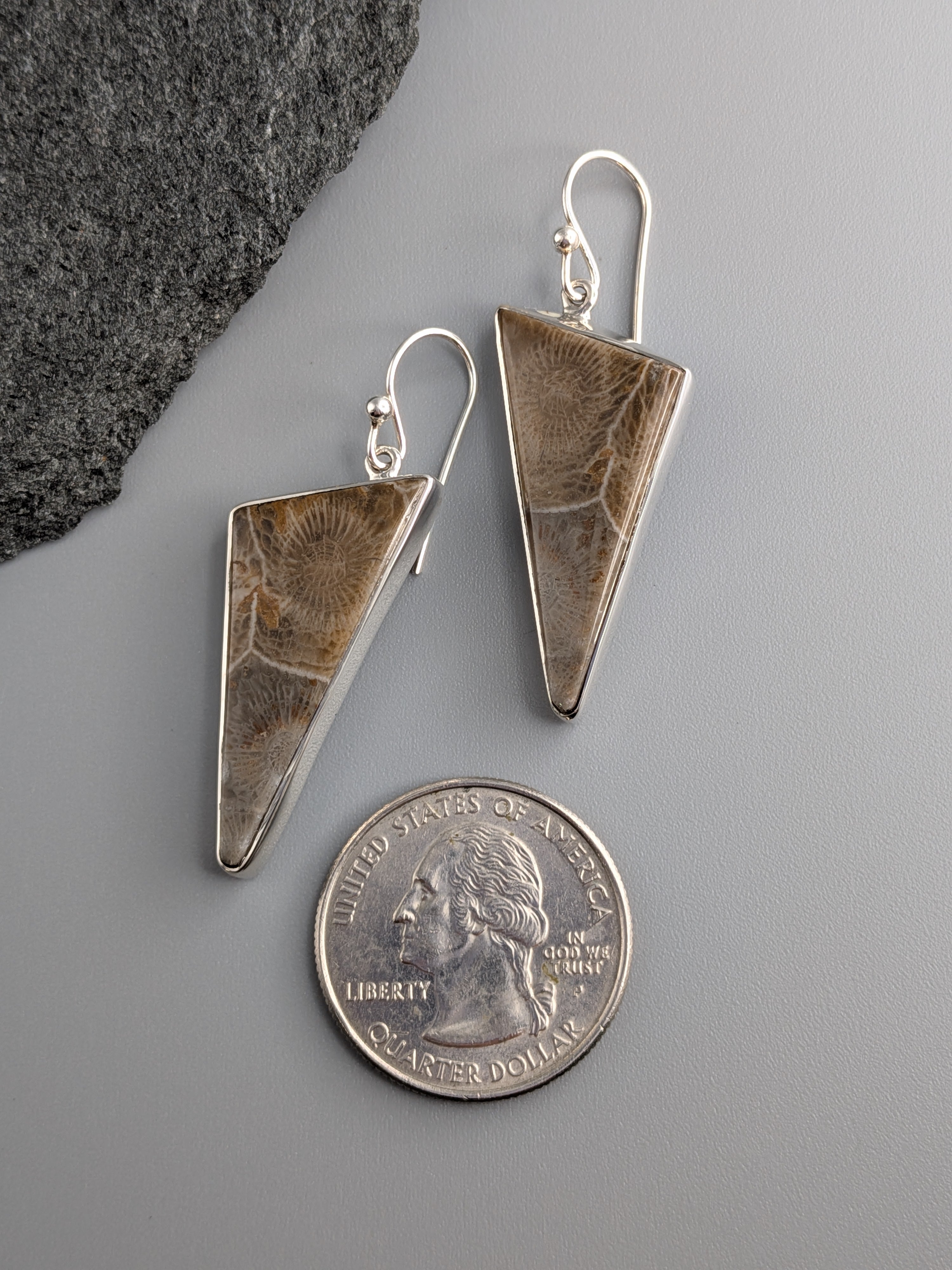 •FOSSILIZED CORAL - LARGE TRIANGLE• silver dangle earrings