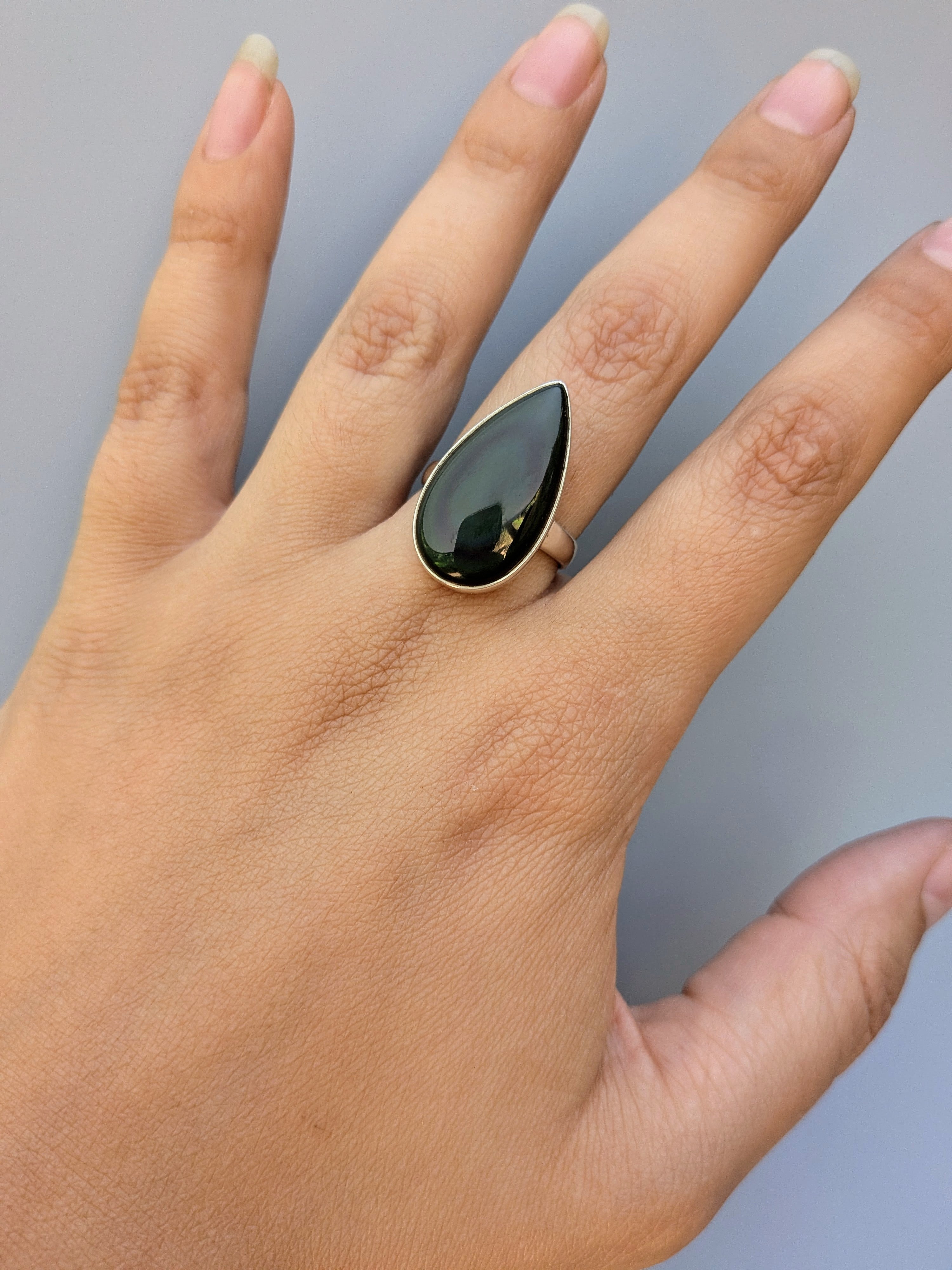 •RAINBOW OBSIDIAN - TEARDROP• simple bezel silver ring (size 8.75)