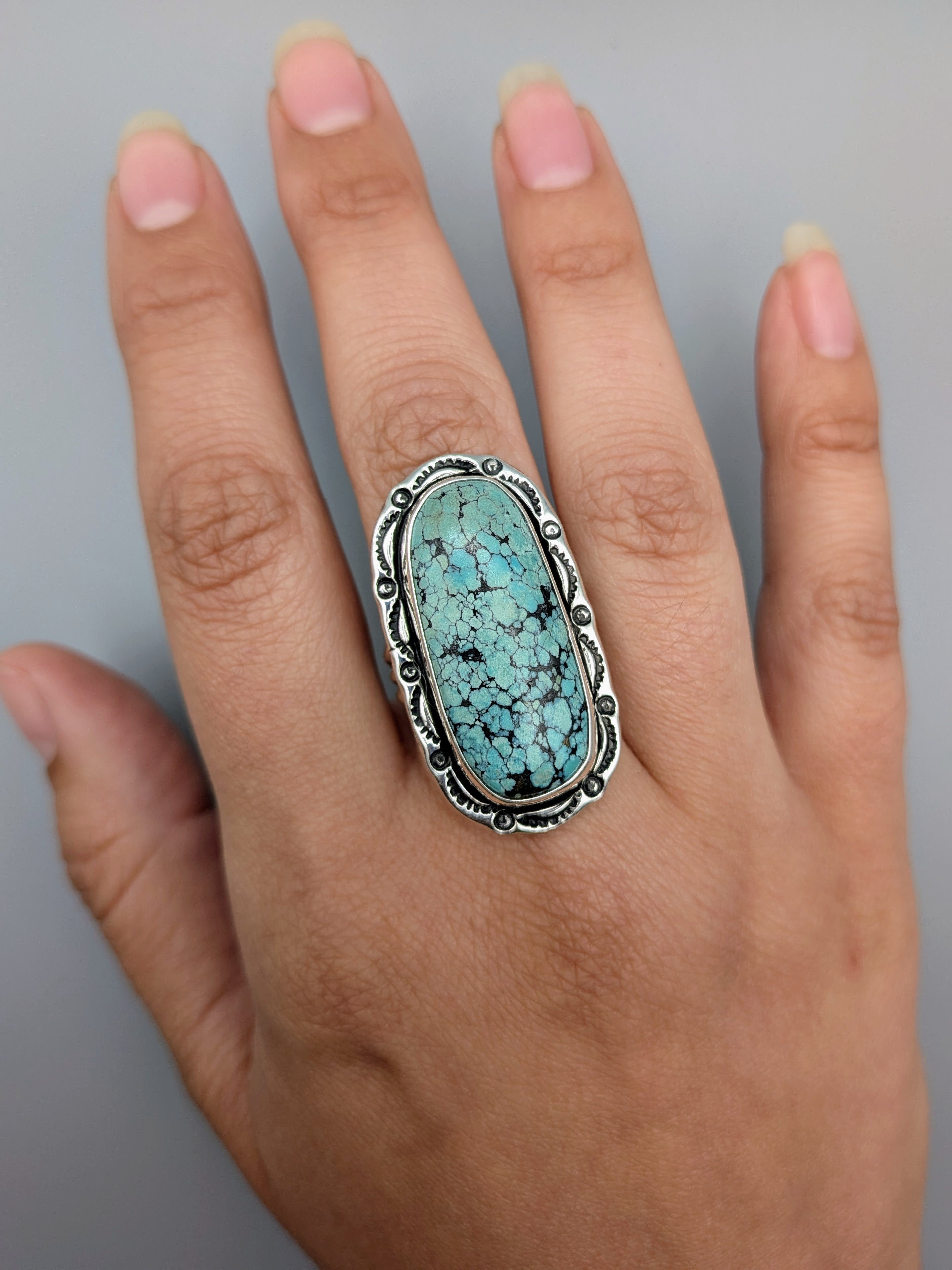 •CHINESE TURQUOISE - SHÁ• Navajo silver ring (size 9.5)