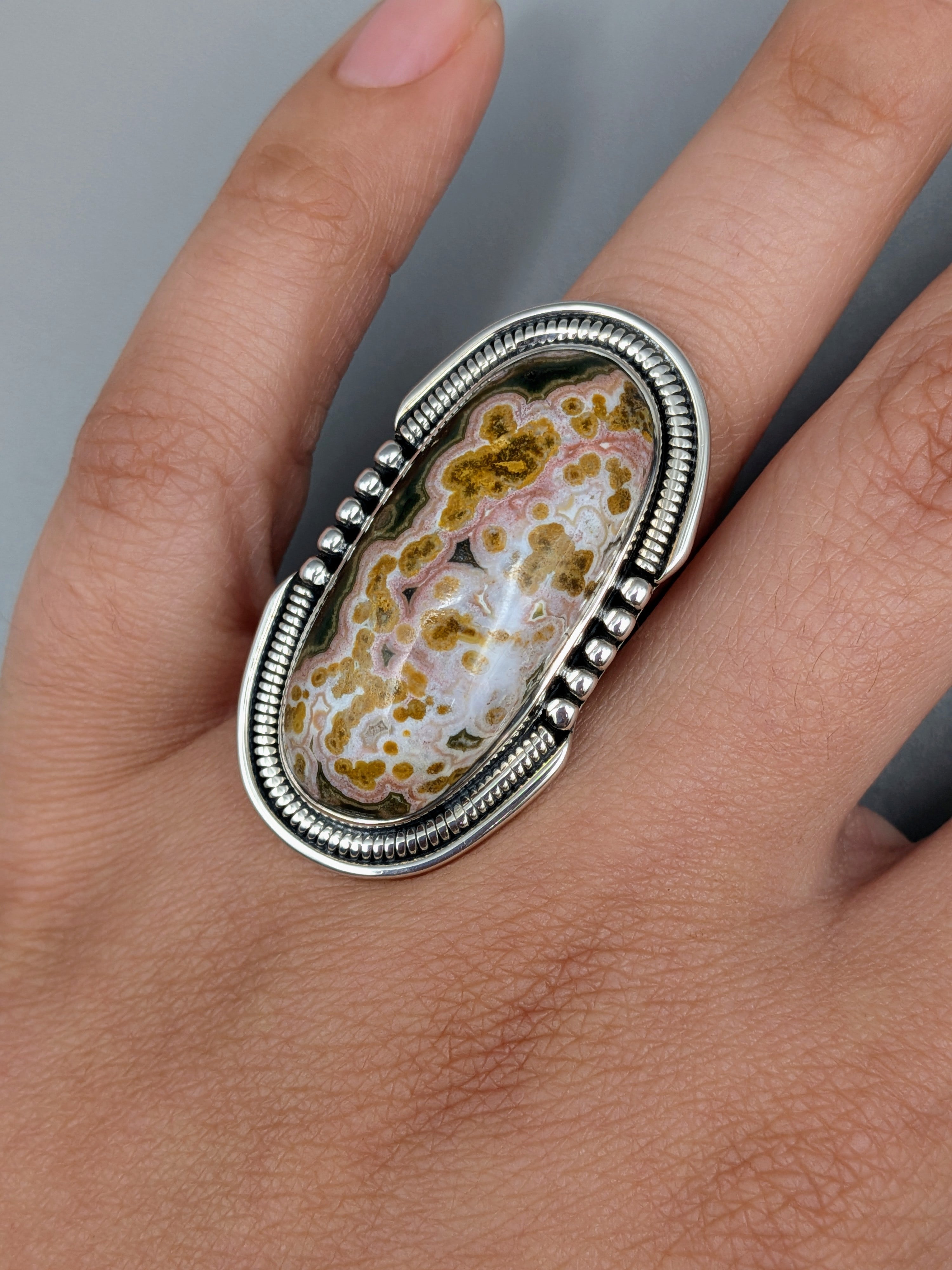 •OCEAN JASPER - INTERSTELLAR• split band silver ring (size 6)