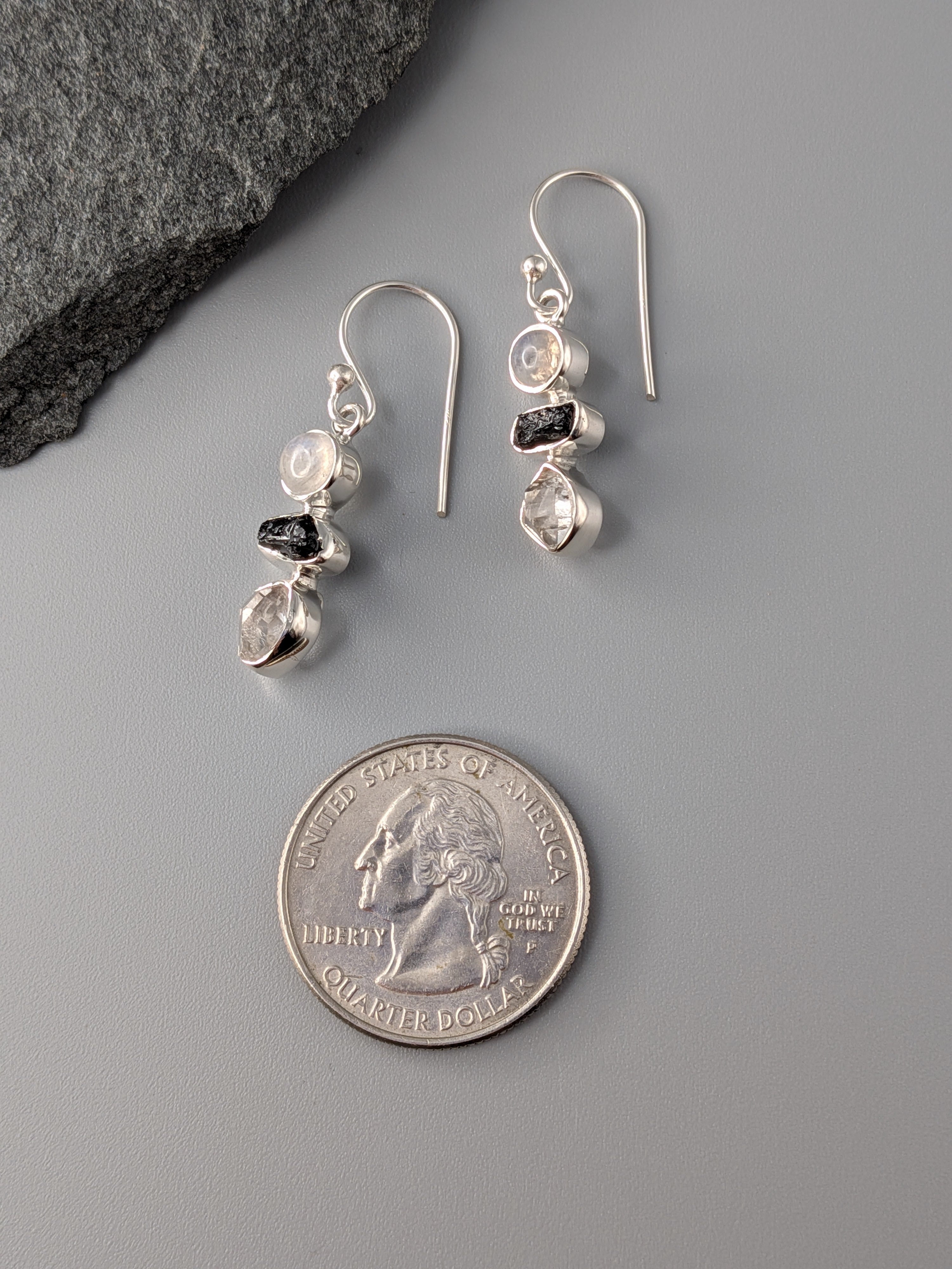•RAINBOW MOONSTONE + TOURMALINE + HERKIMER• silver dangle earrings