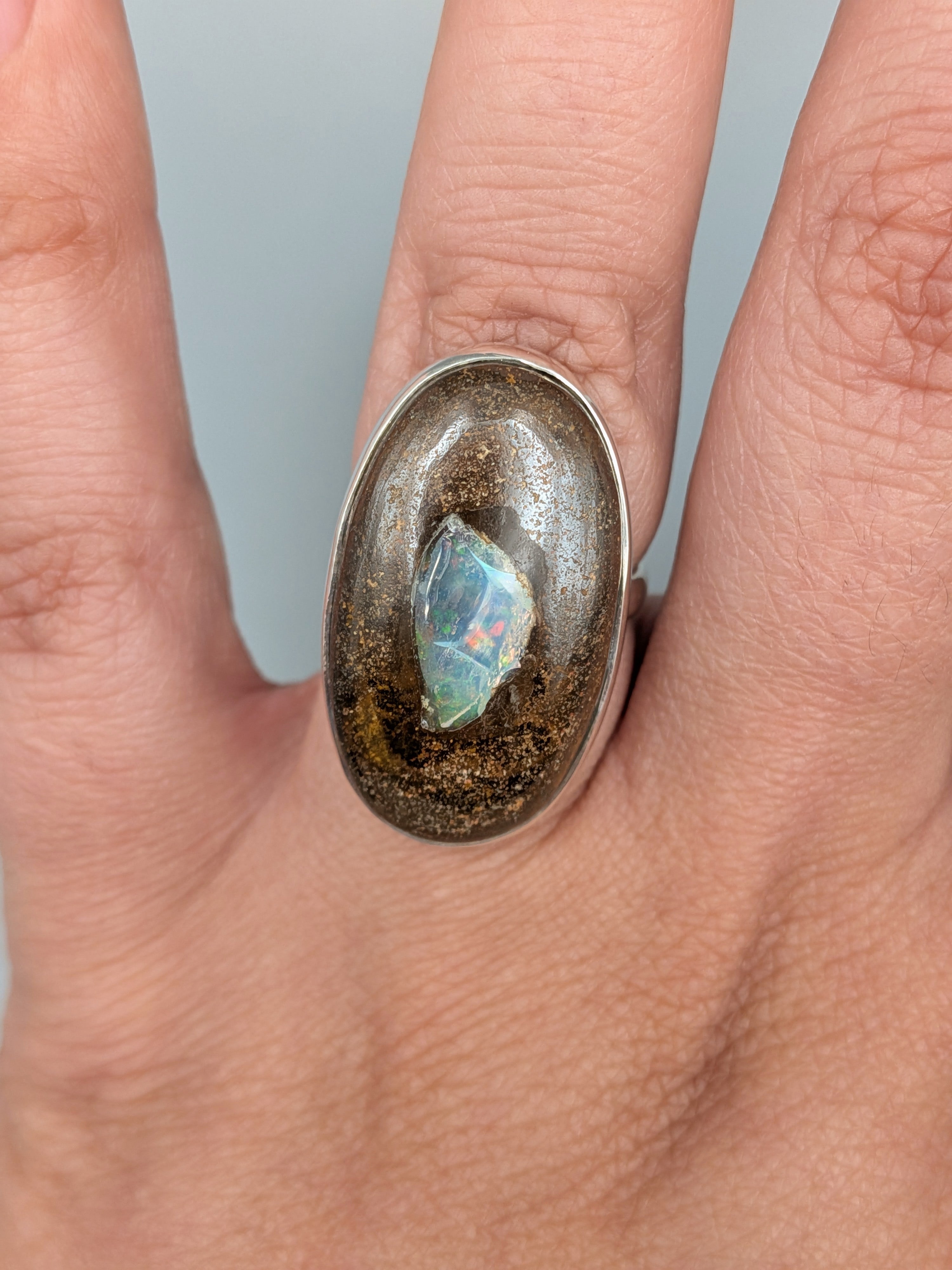 •BOULDER OPAL - OVAL• simple bezel silver ring (size 6)