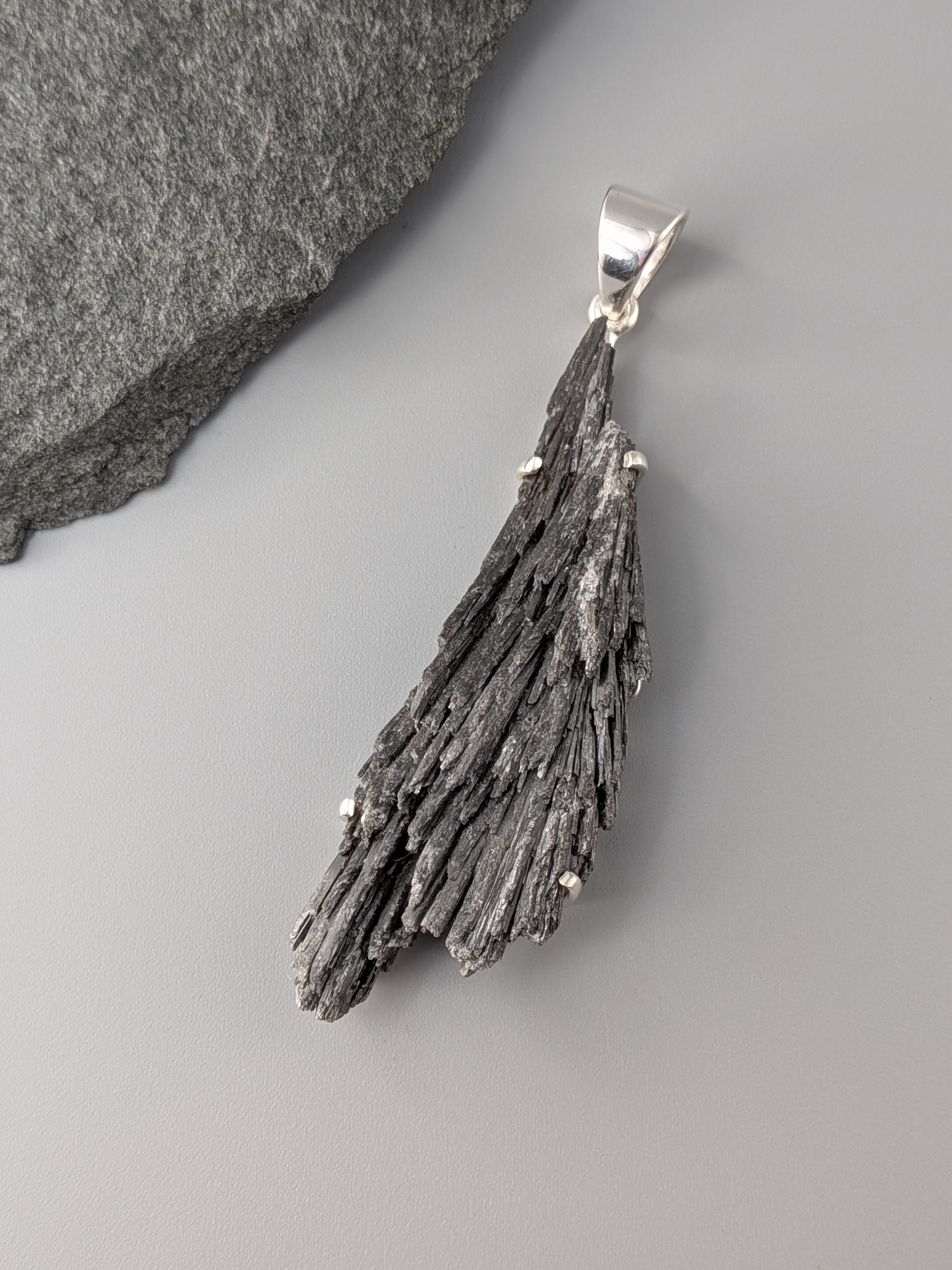 •BLACK KYANITE FAN - 1• sterling silver pendant
