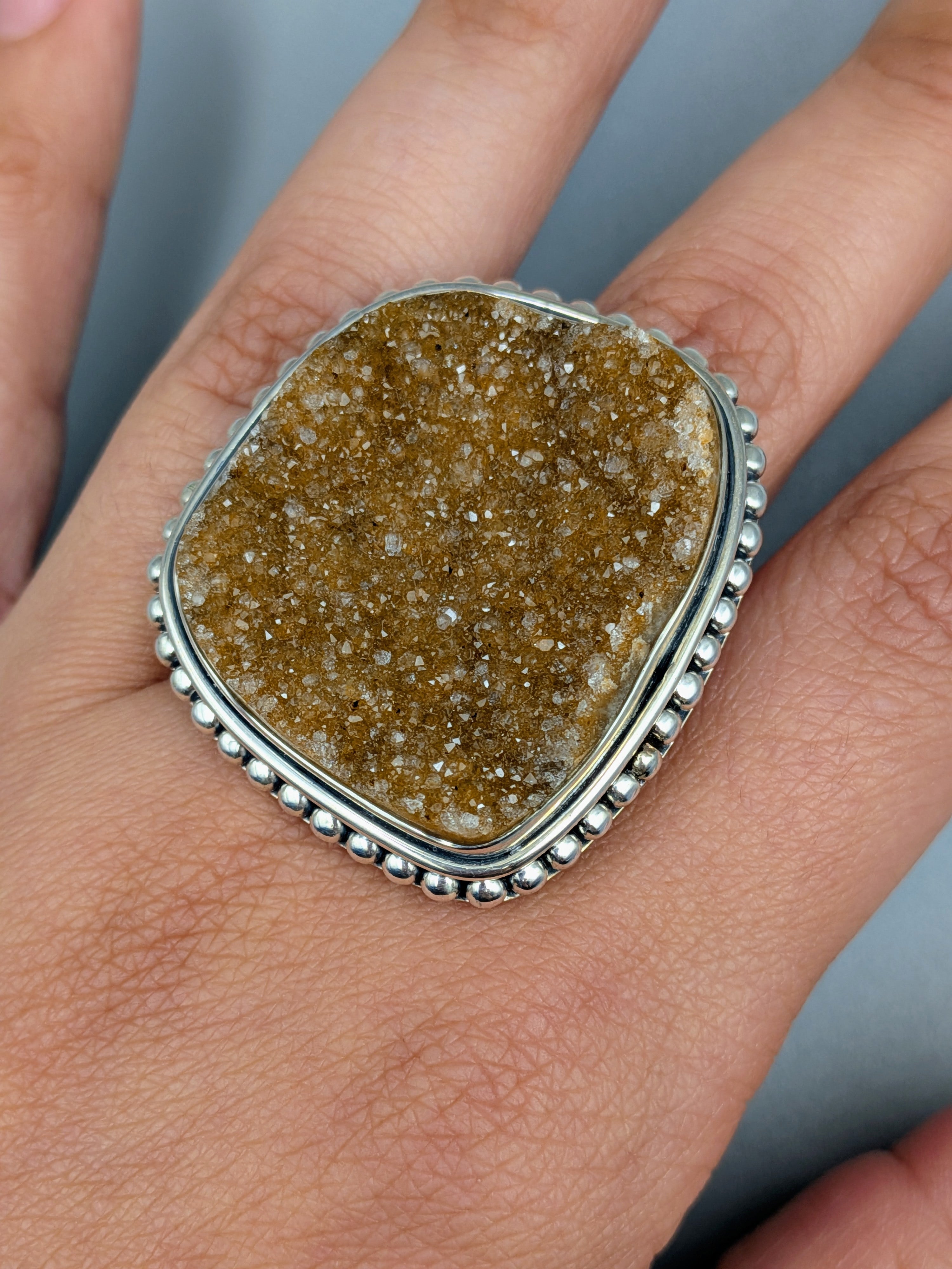 •COBALTO CALCITE DRUZY - FREEFORM• dotted bezel silver ring (size 9)