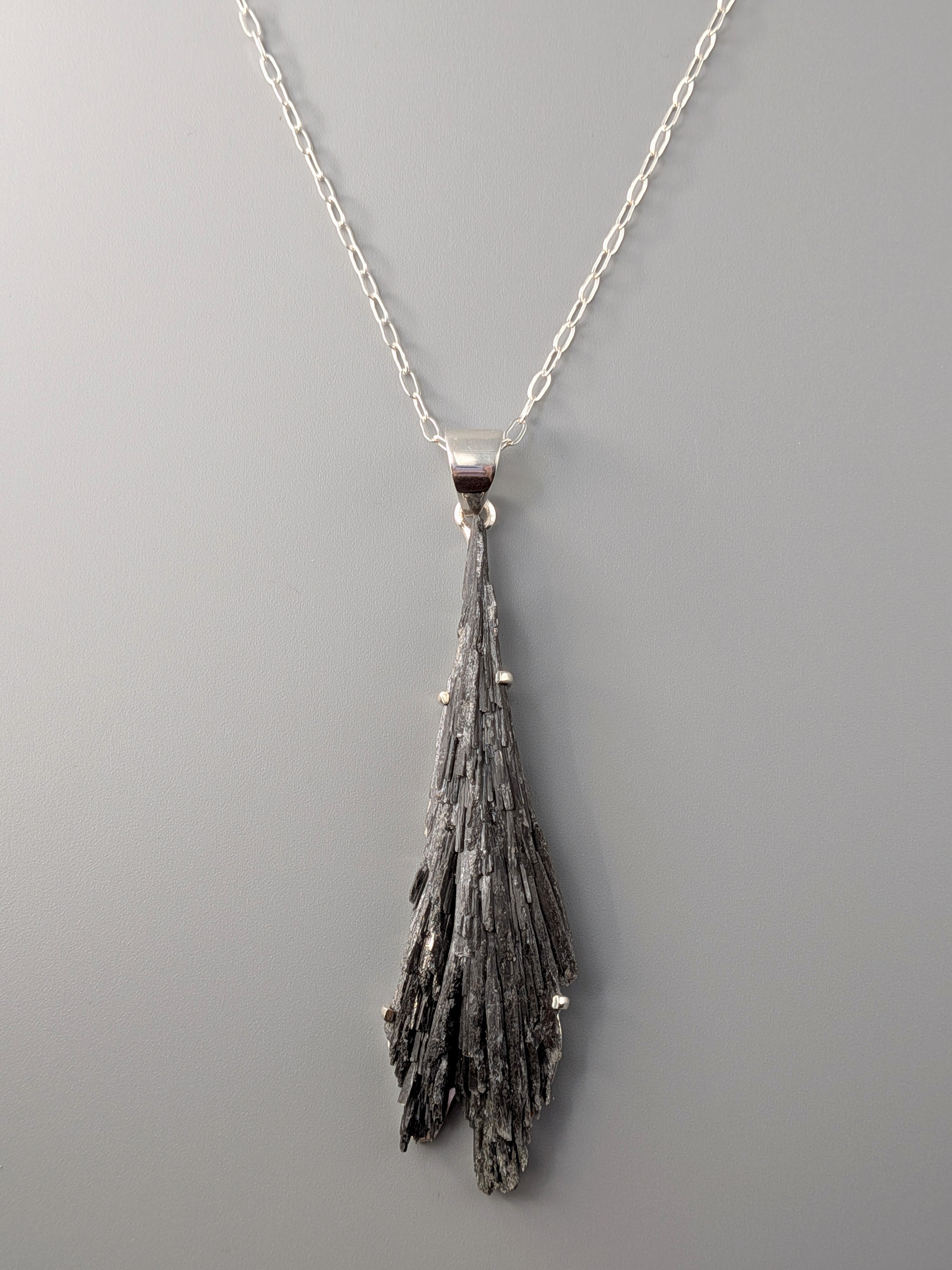 •BLACK KYANITE FAN - 2• sterling silver pendant