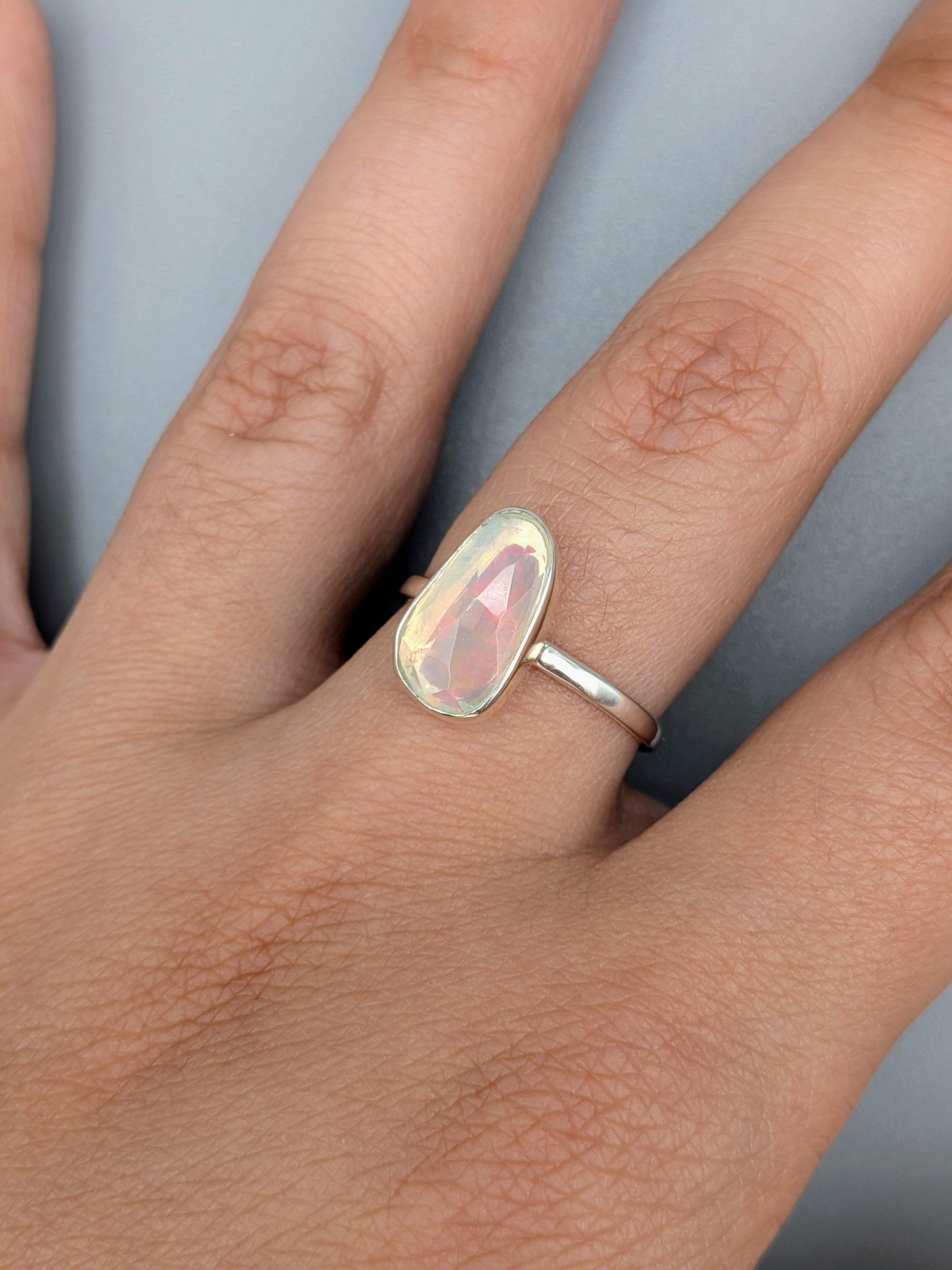 •FACETED ETHIOPIAN OPAL - STACKABLE FREEFORM• silver ring (size 9)