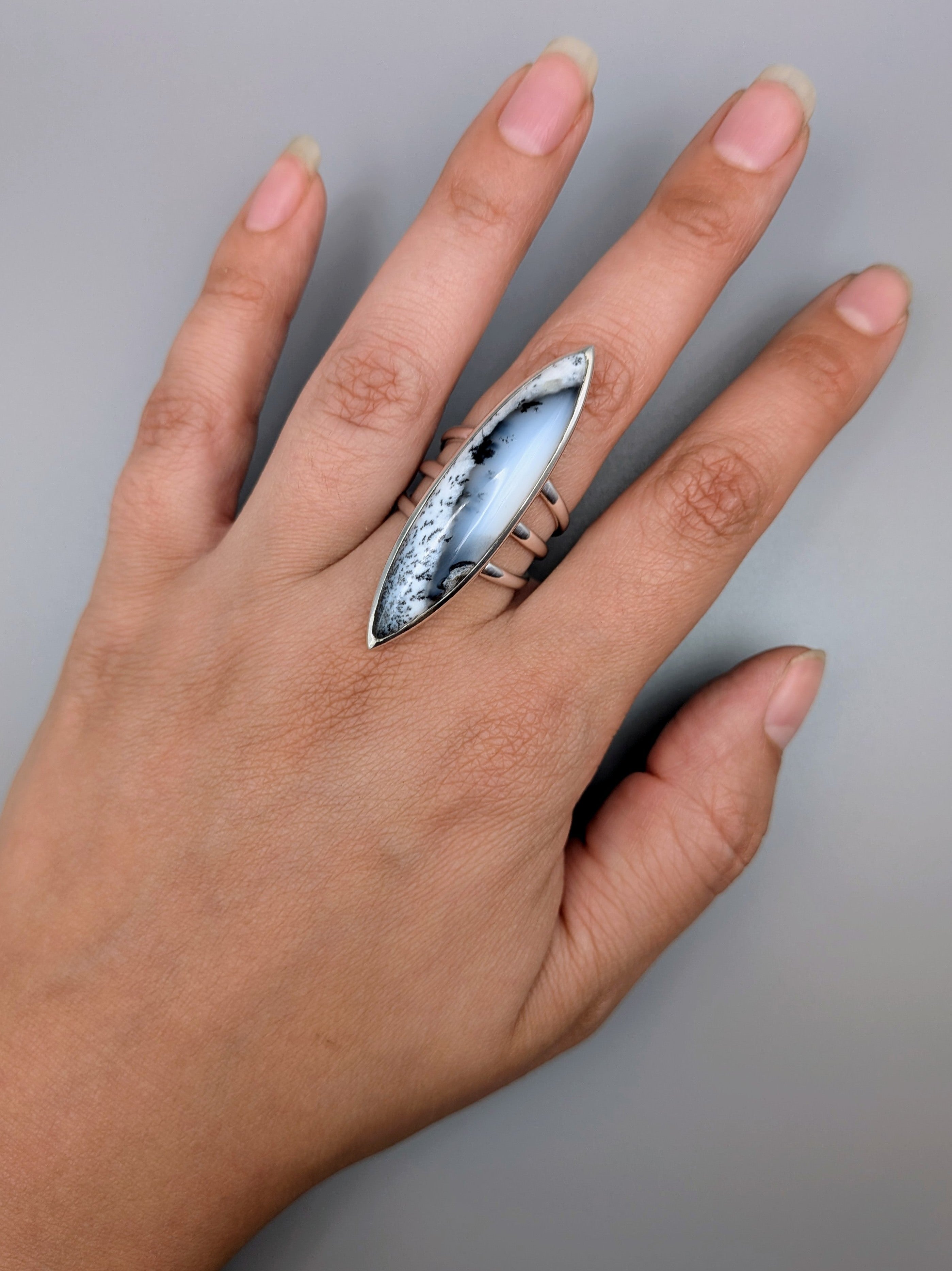 •DENDRITIC OPAL - DEEP MARQUISE• split band silver ring (size 9)