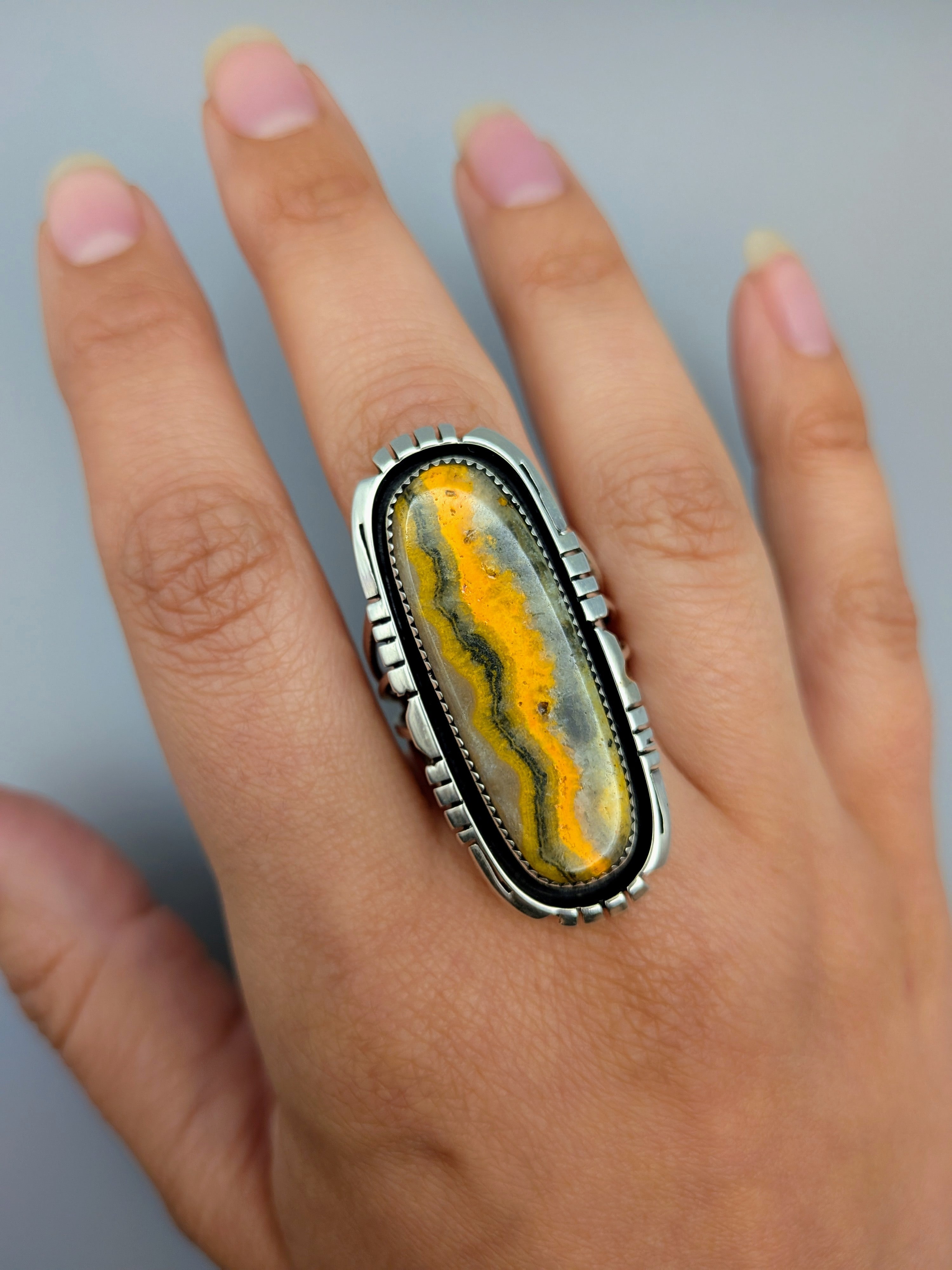 •BUMBLEBEE JASPER - STORM• Navajo silver ring (size 10)