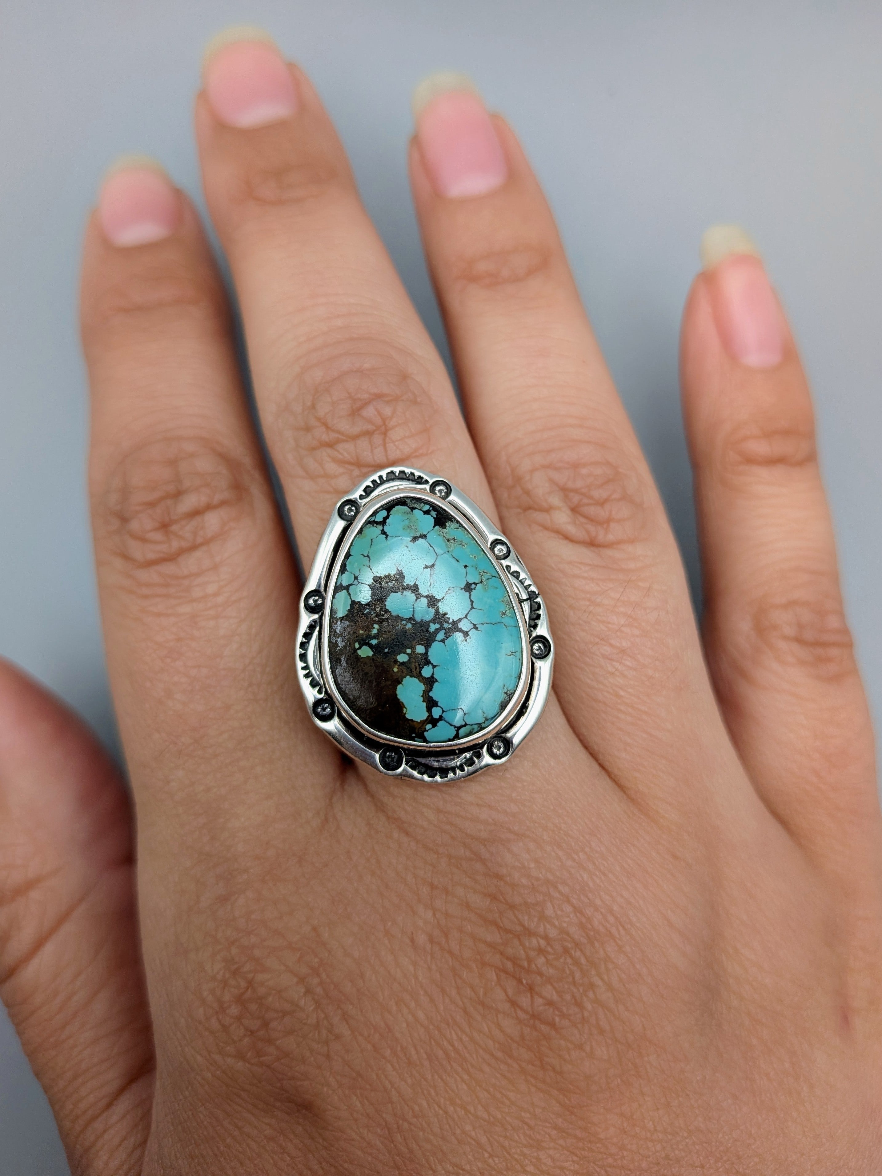 •CHINESE TURQUOISE - SHÁ• Navajo silver ring (size 9)