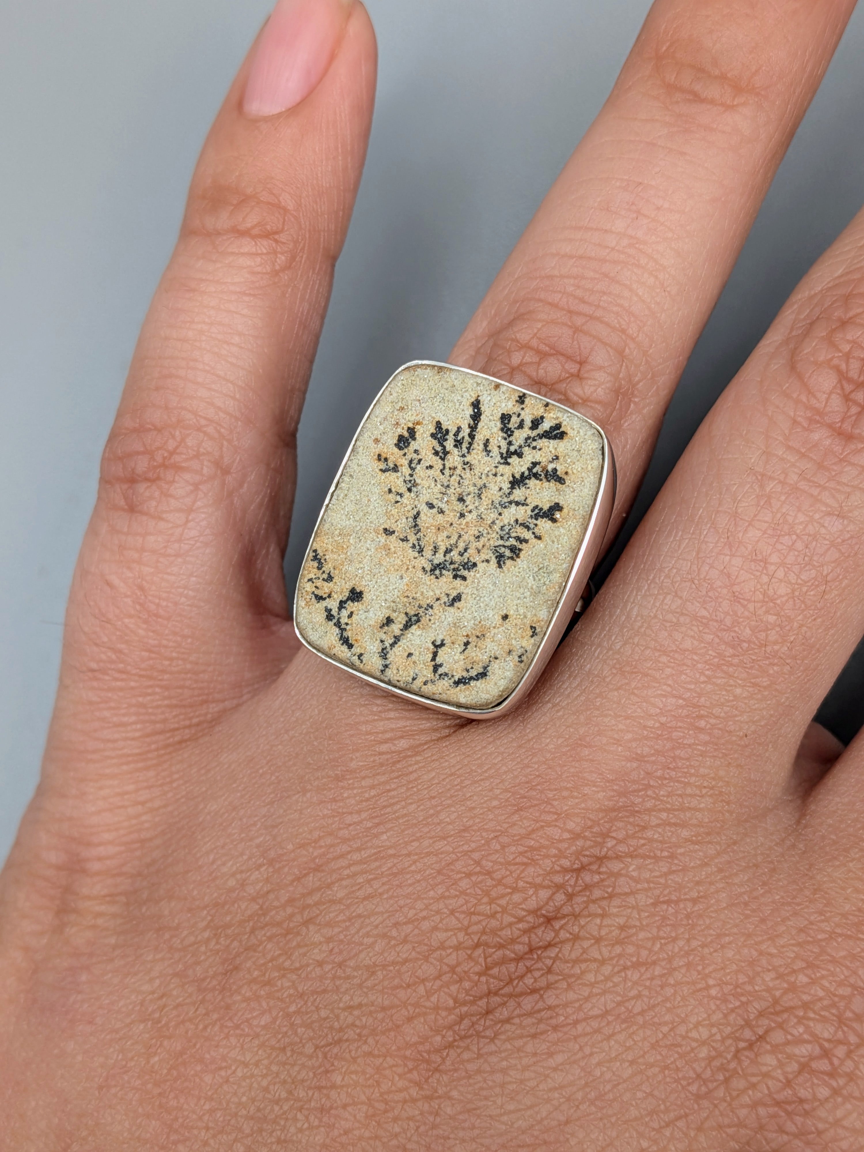 •DENDRITIC SANDSTONE - SOFT RECTANGLE• split band silver ring (size 7)
