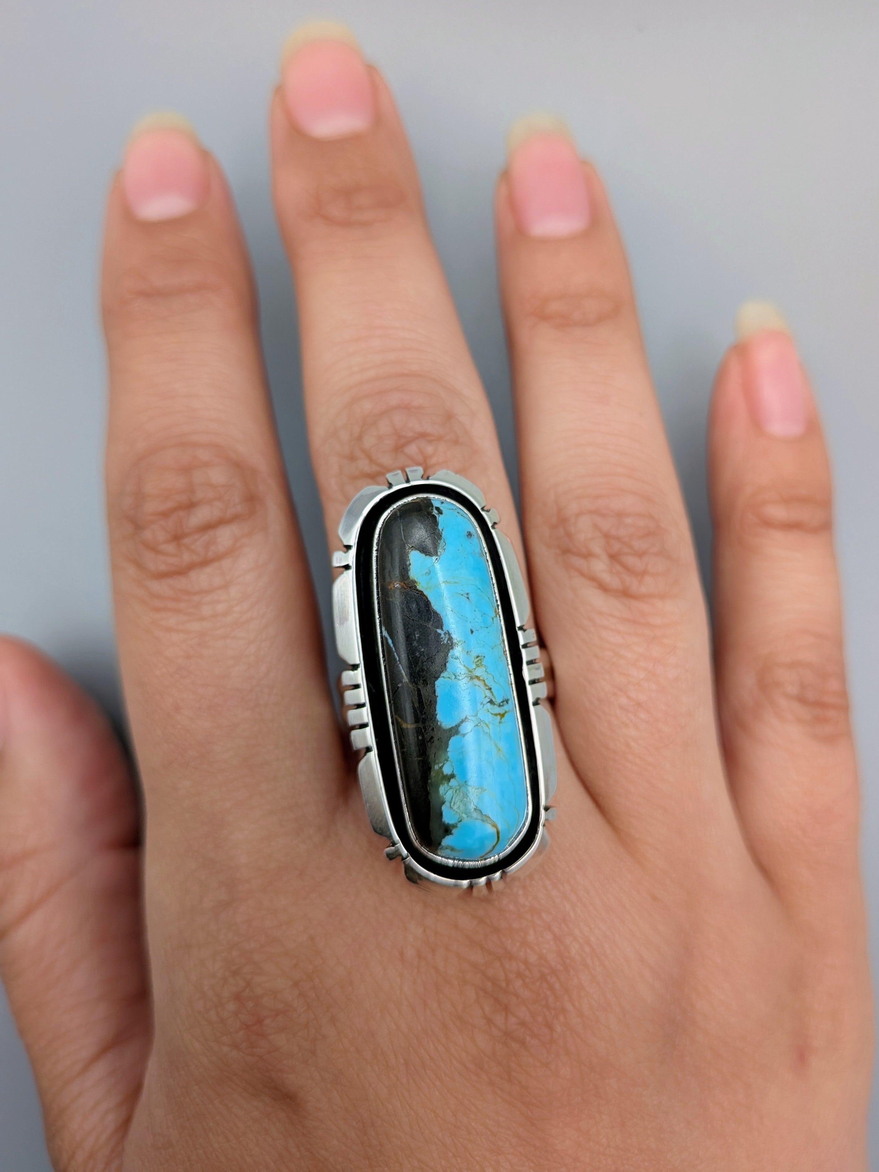 •BLACKJACK TURQUOISE - MOUNTAIN FEATHERS• Navajo adjustable silver ring