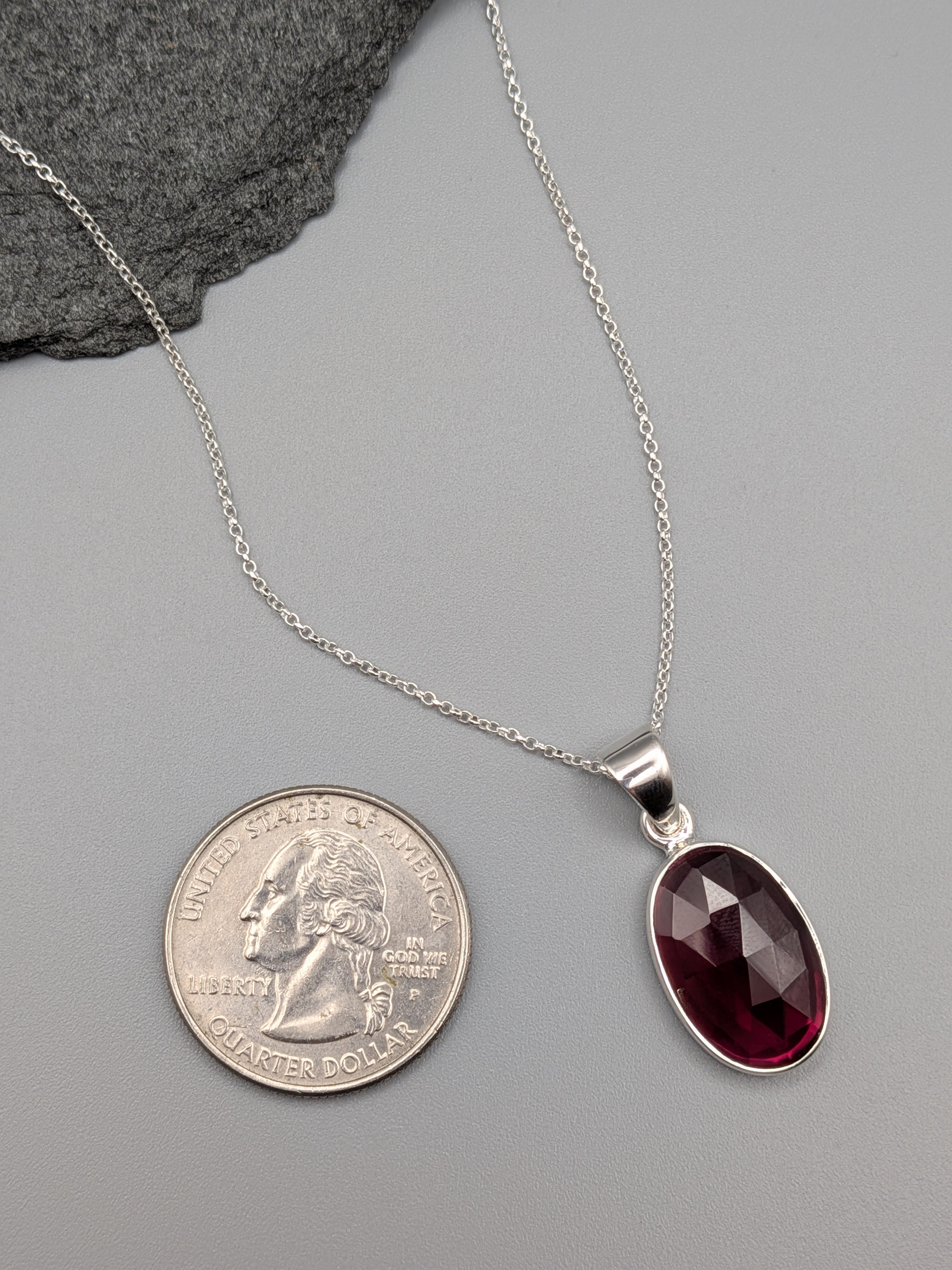 •GARNET - FACETED OVAL - 1• silver necklace (18" long)