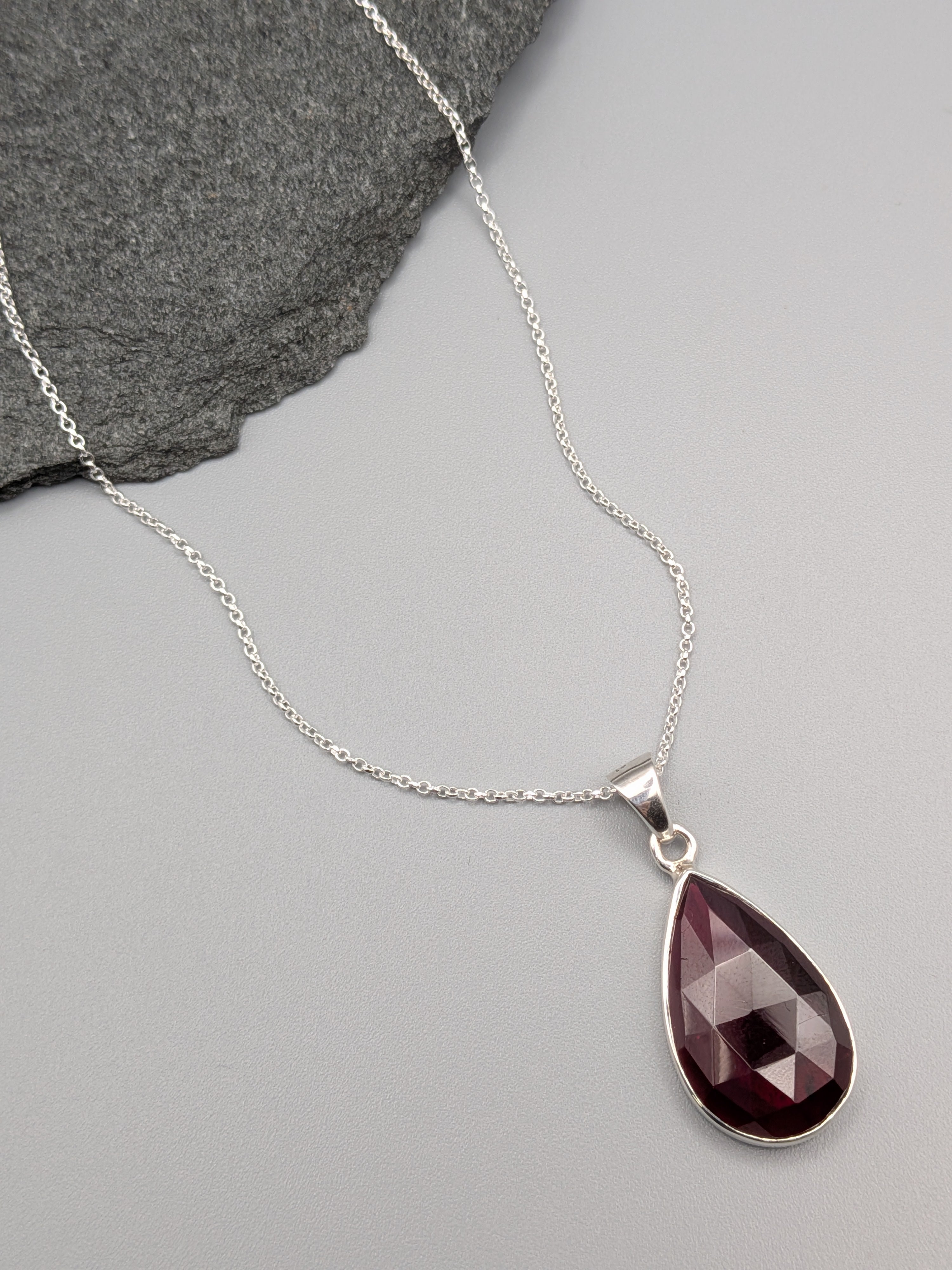 •GARNET - FACETED TEAR - 2• silver necklace (18" long)
